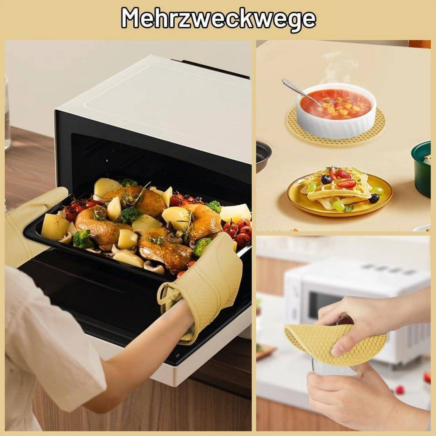 Collage mit wiederverwendbarem Mikrowellengeschirr: eine Person nimmt ein heißes Tablett aus der Mikrowelle, dazu eine Schüssel und ein Teller mit Essen sowie eine Hand, die einen flexiblen gelben Behälter faltet.