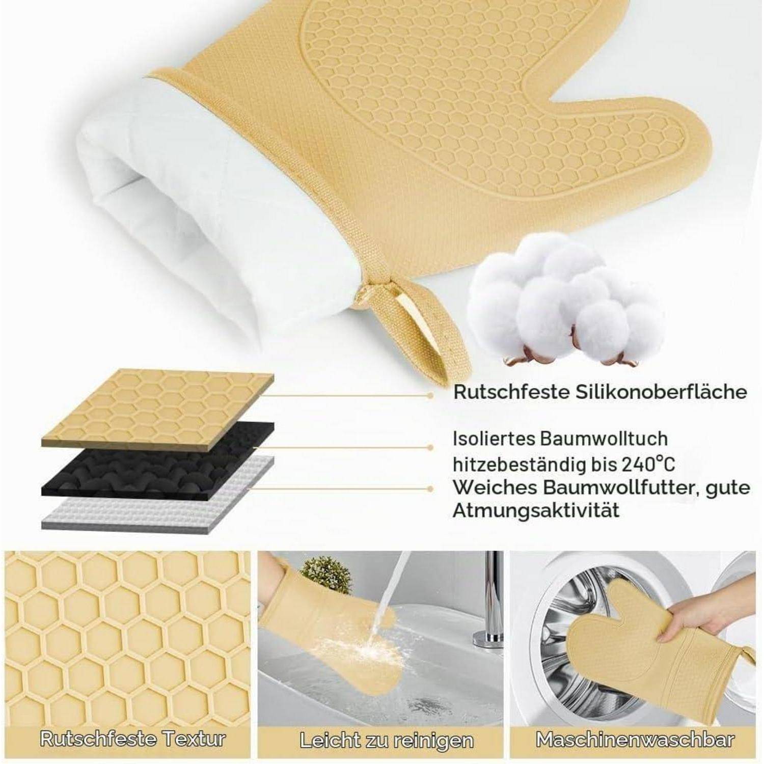 AUAUY Silikon Ofenhandschuhe Set 1 Paar mit 2 Topflappen Gelb