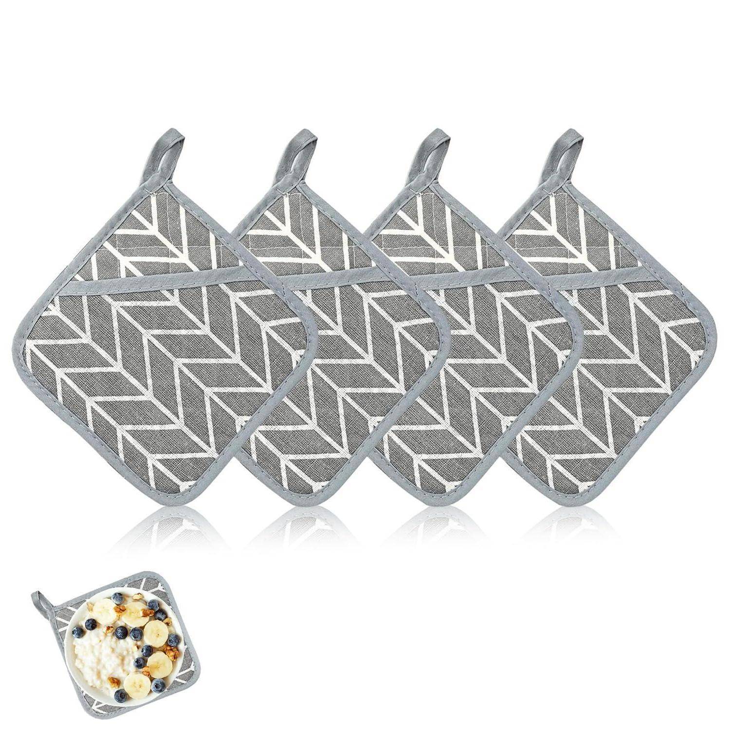 4er Topflappen Set Baumwolle 17x17cm Grau mit Tasche