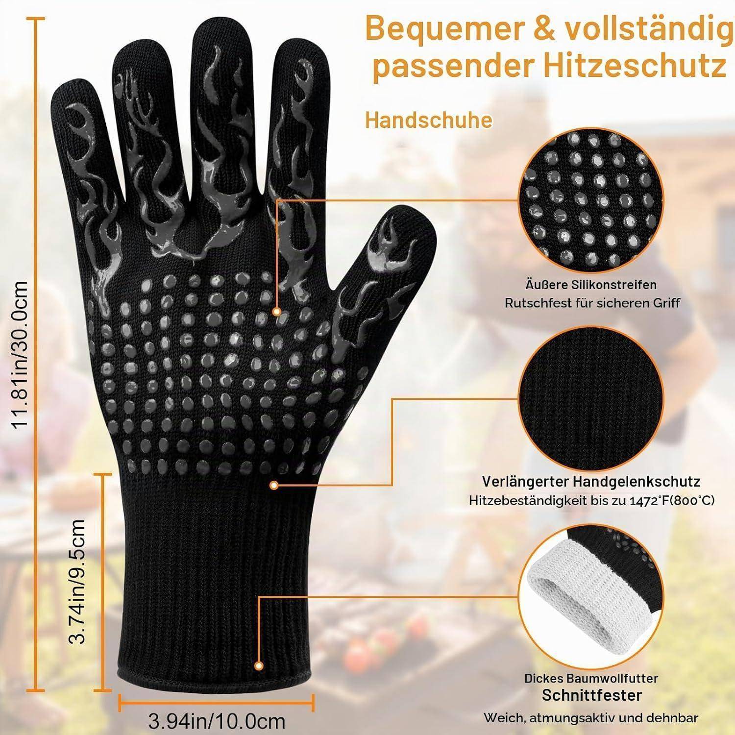Schwarzer hitzebeständiger Handschuh mit rutschfester Silikonbeschichtung und verstärktem Handgelenkschutz; gekennzeichnet in deutscher Sprache mit Größen- und Materialangaben.
