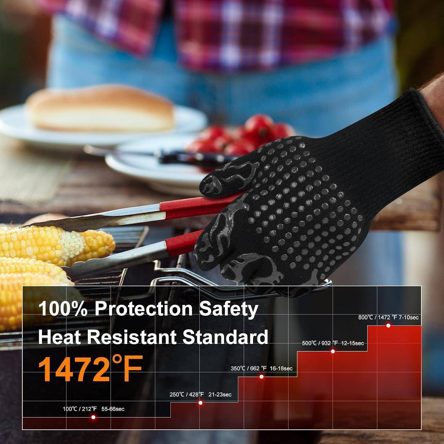 Hitzebeständiger Grillhandschuh mit Griffzange neben Mais, mit Text, der „100% Schutz Sicherheit
