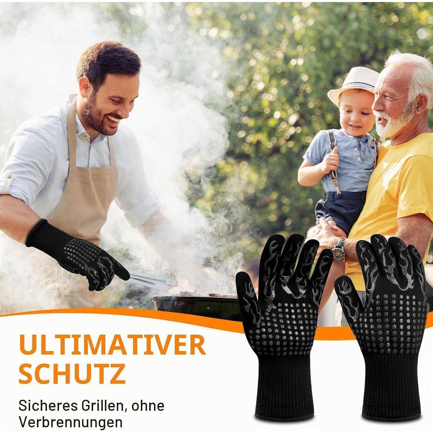 Grillhandschuhe hitzebeständig bis 800°C, 5-Finger-Design, Schwarz