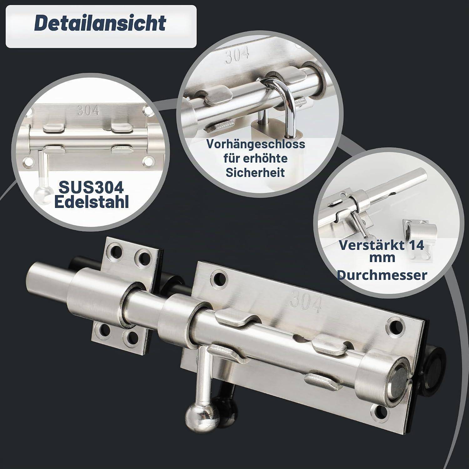 Produktdetailbild eines Edelstahlbügelschloss mit Vorhängeschloss-Öse, gekennzeichnet mit SUS304-Stahl, erhöhter Sicherheit und 14 mm verstärktem Durchmesser.