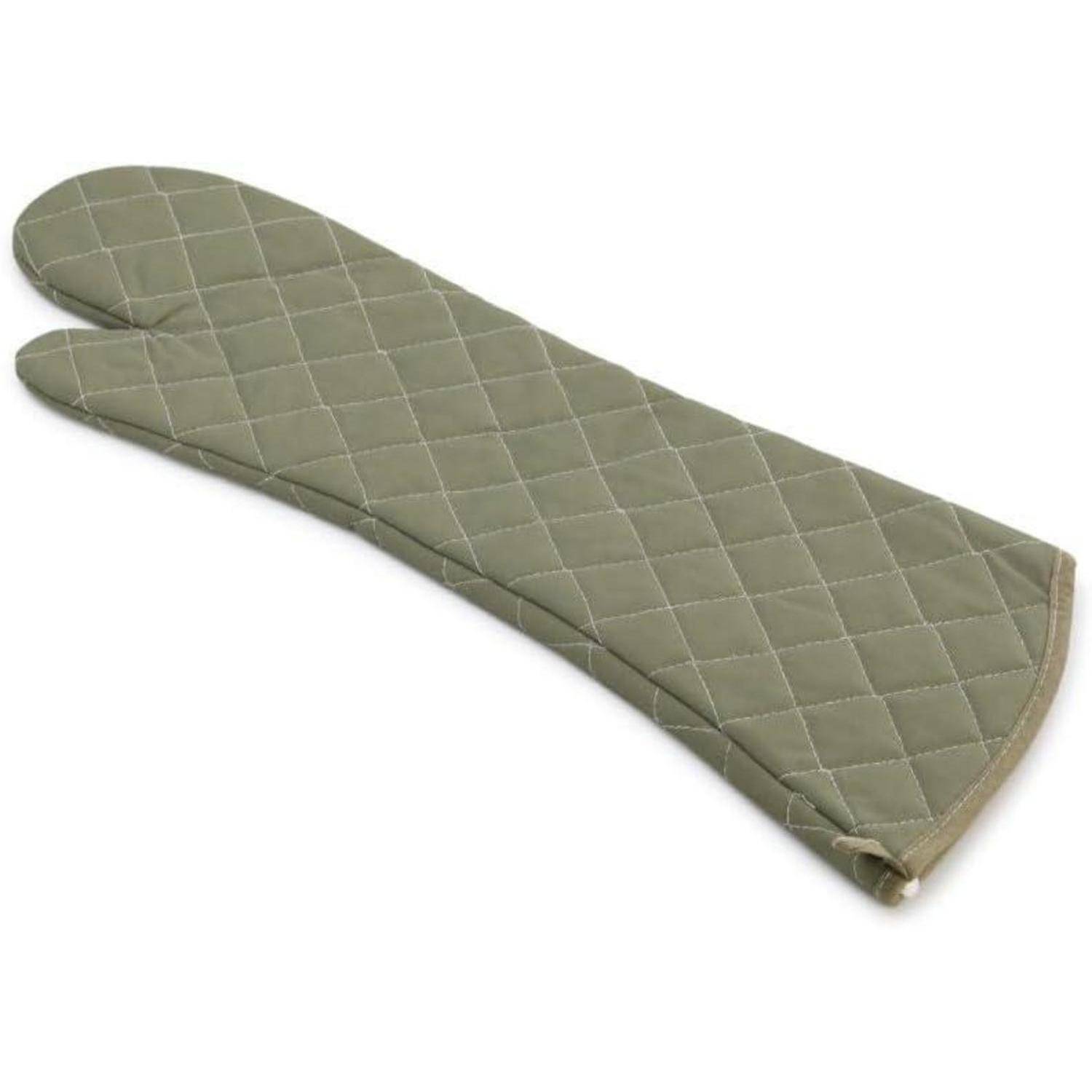 Gesteppter olivgrüner Ofenhandschuh mit zweifingerigem Spaltdesign, gezeigt auf weißem Hintergrund.