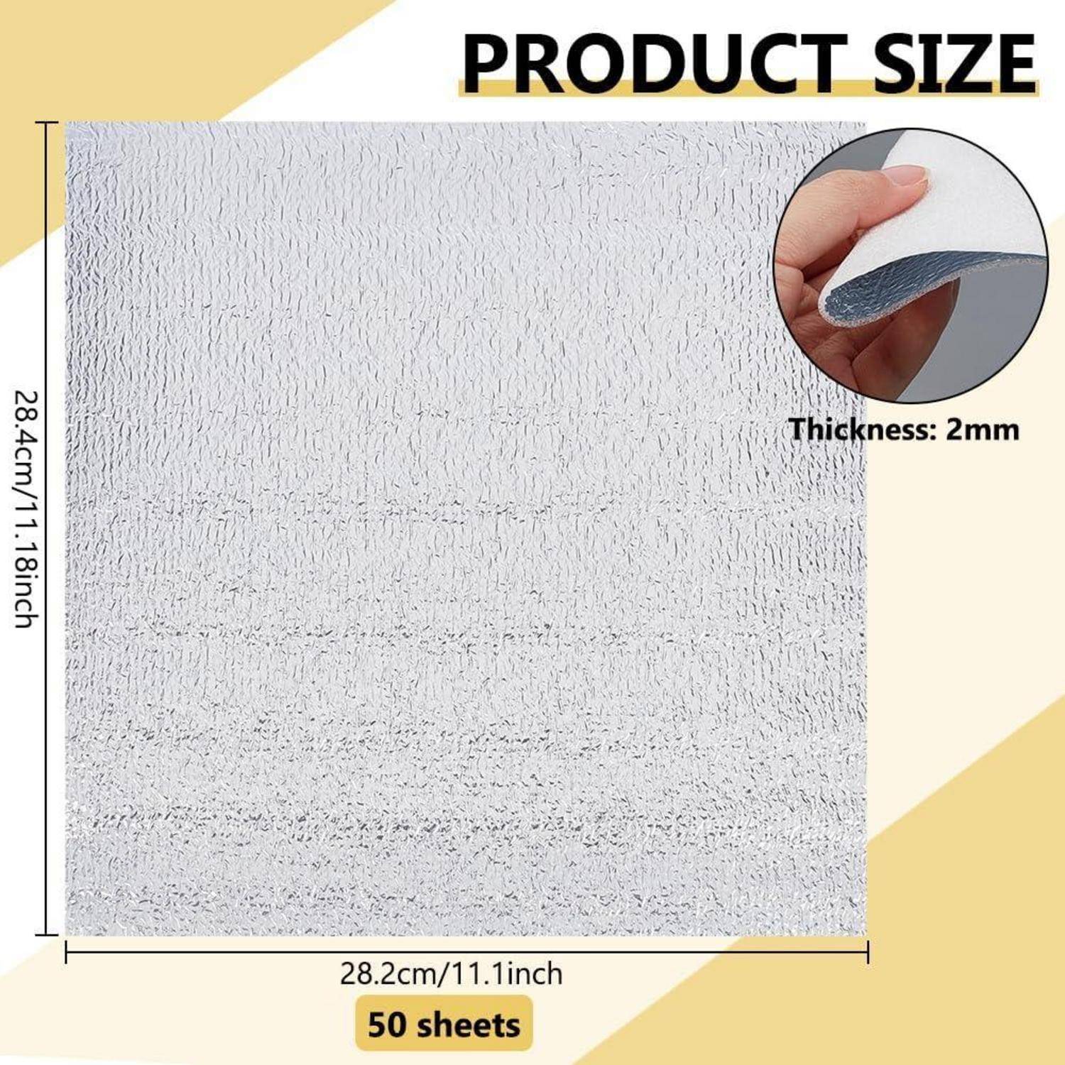 Produktgrößendiagramm mit Blättern von 28,2 cm x 28,4 cm, 2 mm dick, mit 50 Blatt im Lieferumfang.