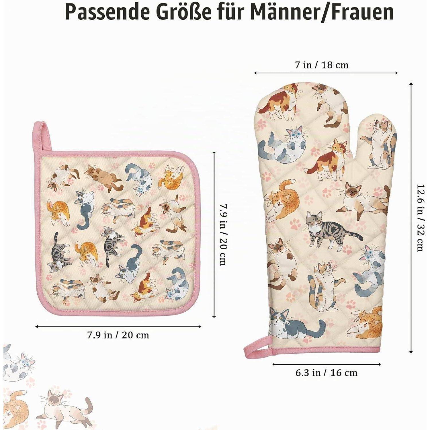 Ofenhandschuh und Topflappen 2er-Set Baumwolle Katze