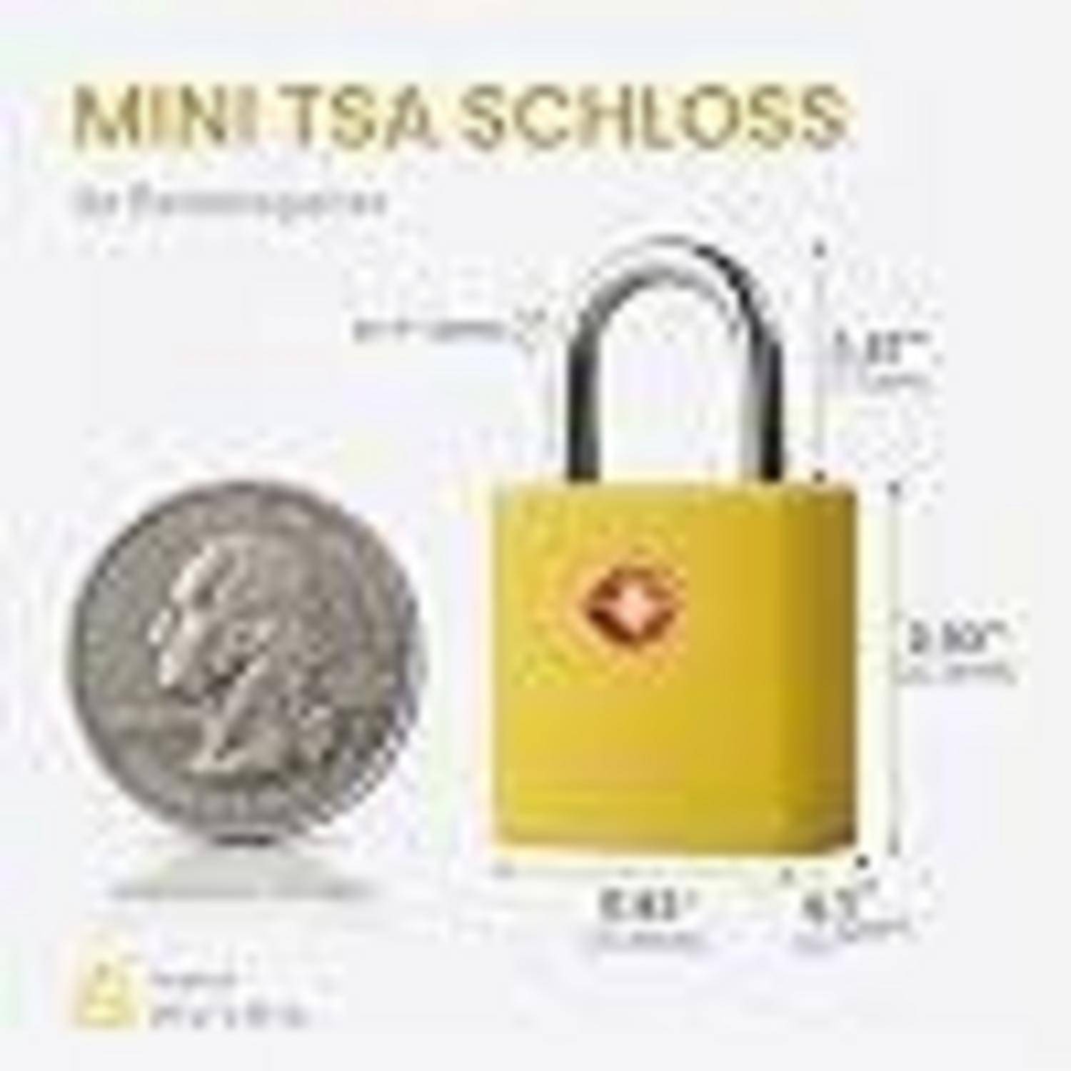 Produktbild eines gelben Mini-TSA-Kofferschlosses mit einer silbernen Münze zum Größenvergleich, beschriftet mit „MINI TSA SCHLOSS" und Abmessungen.