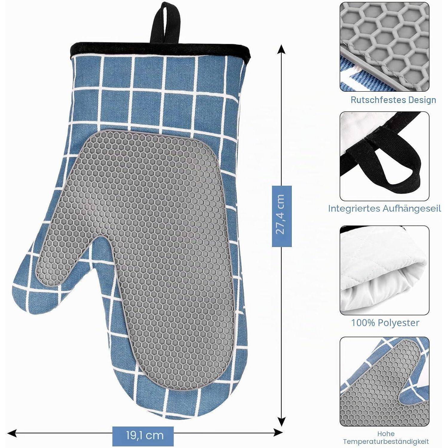 Ofenhandschuhe Silikon Baumwolle Hitzebeständig Anti-Rutsch Blau