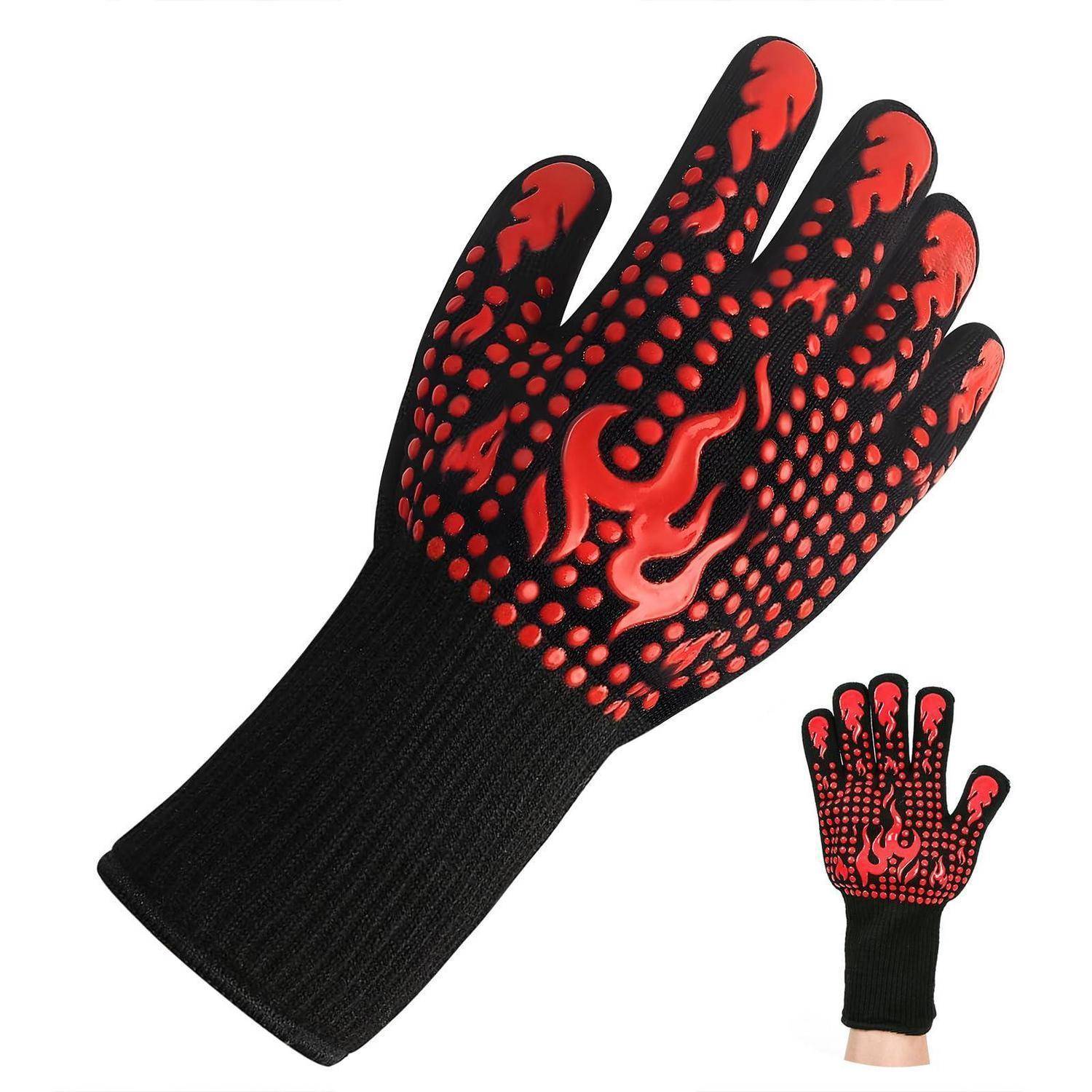 Schwarzer Handschuh mit roter Flamme und Punktgriffmuster auf der Handfläche und den Fingern, groß dargestellt mit einer kleineren Übersichtsansicht des kompletten Handschuhs an einer Hand.