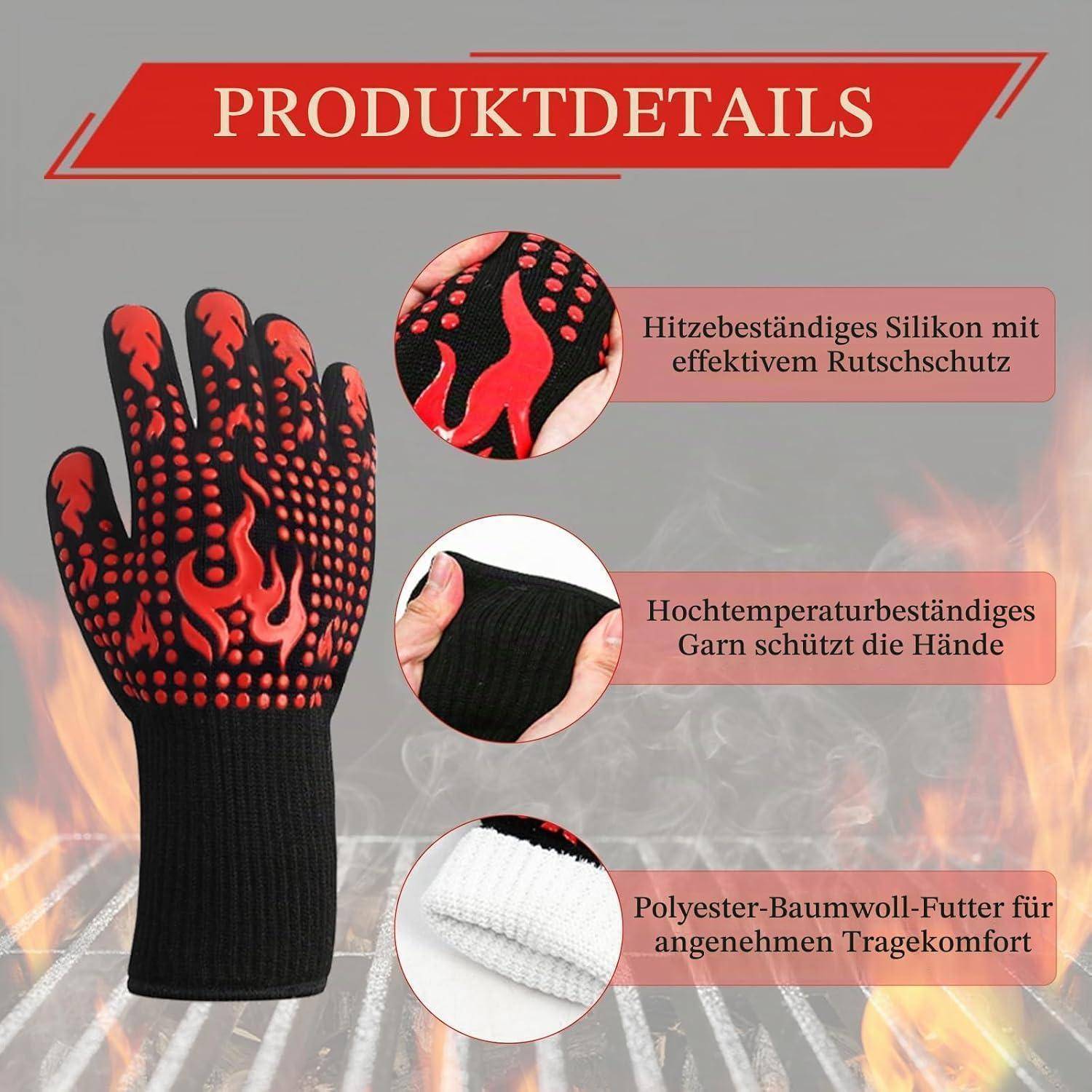 Produktdetails für hitzebeständige Handschuhe: Silikongriff, hitzebeständiges Garn und Polyester-Baumwoll-Futter für Komfort.