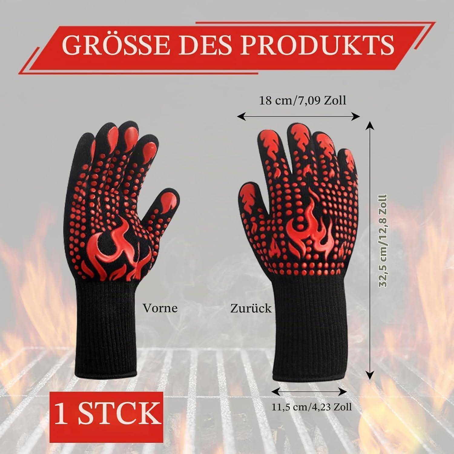 Größentabelle für einen hitzebeständigen Handschuh mit Vorder- und Rückansicht. Misst 18 cm breit und 32,5 cm lang, mit einer Handflächenbreite von 11,5 cm. Text lautet „GRÖSSE DES PRODUKTS