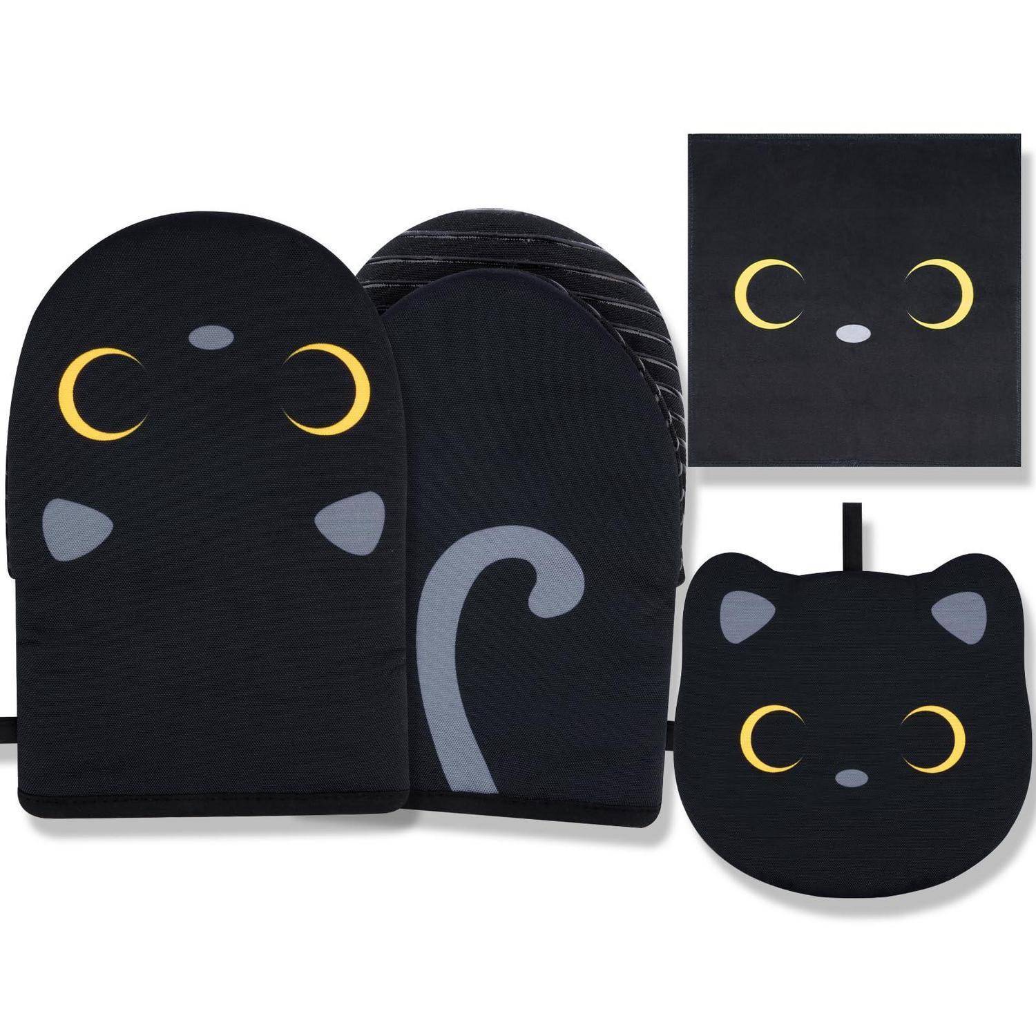 Ofenhandschuhe Set Schwarze Katze 2-teilig mit Topflappen Baumwolle