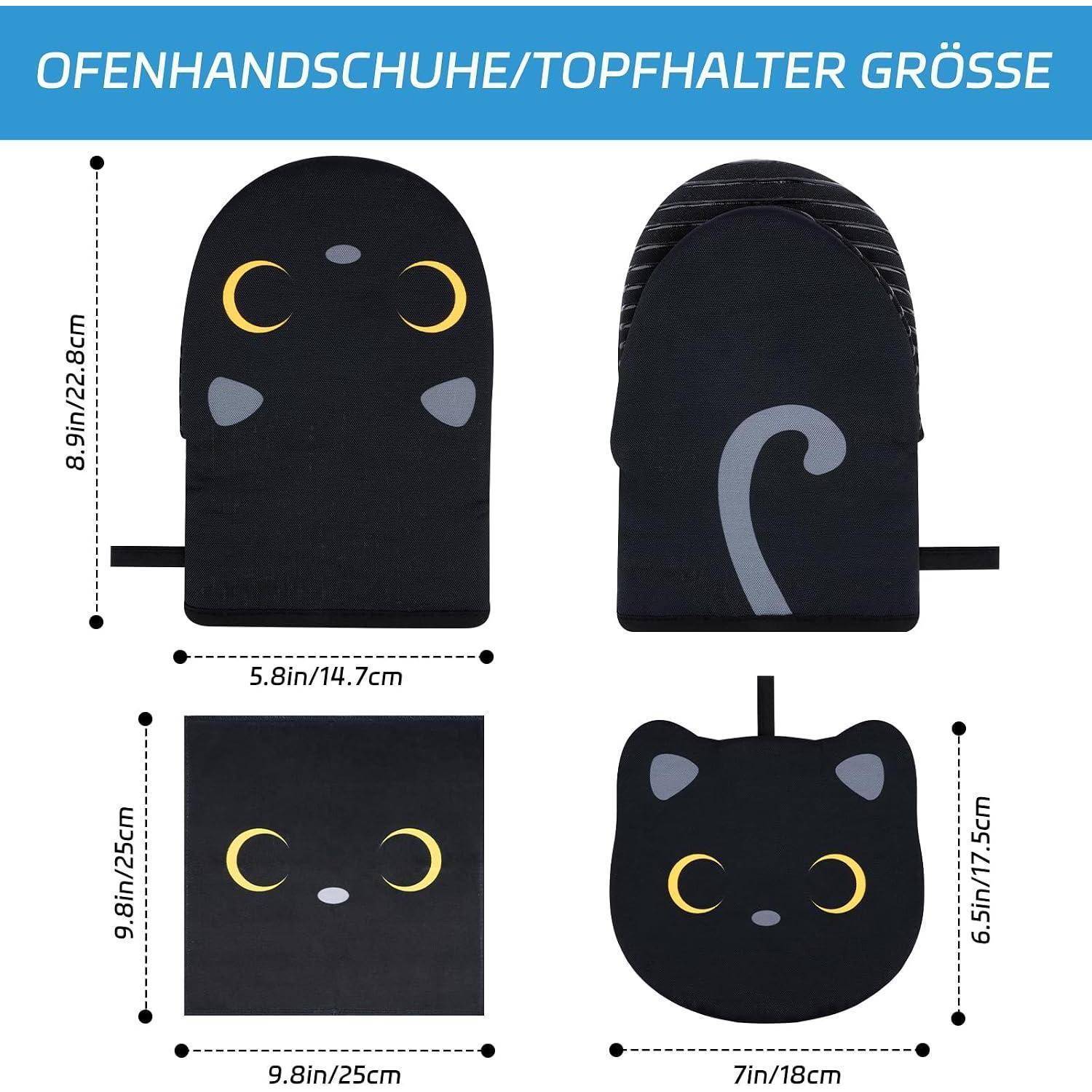 Ofenhandschuhe Set Schwarze Katze 2-teilig mit Topflappen Baumwolle