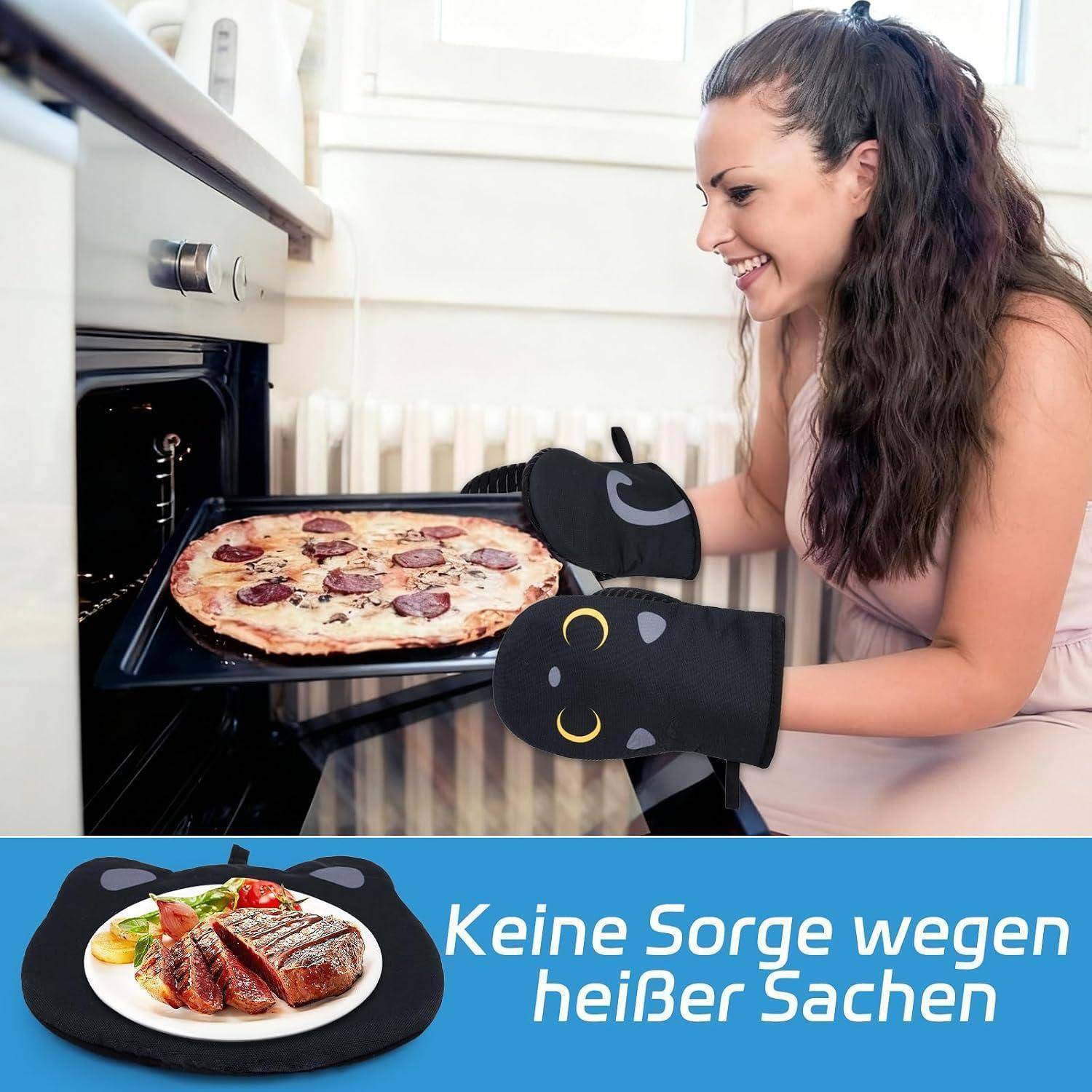 Ofenhandschuhe Set Schwarze Katze 2-teilig mit Topflappen Baumwolle