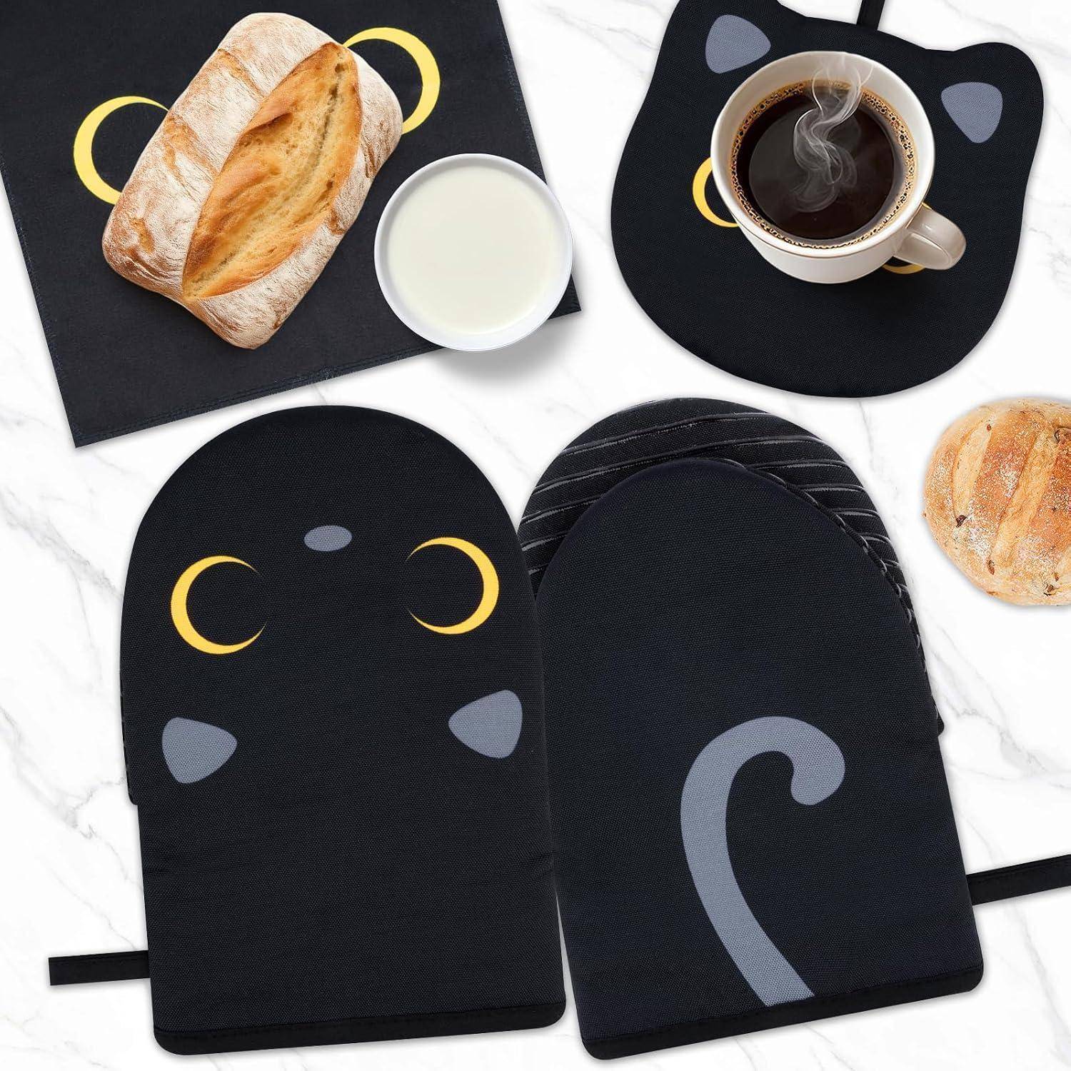 Ofenhandschuhe Set Schwarze Katze 2-teilig mit Topflappen Baumwolle