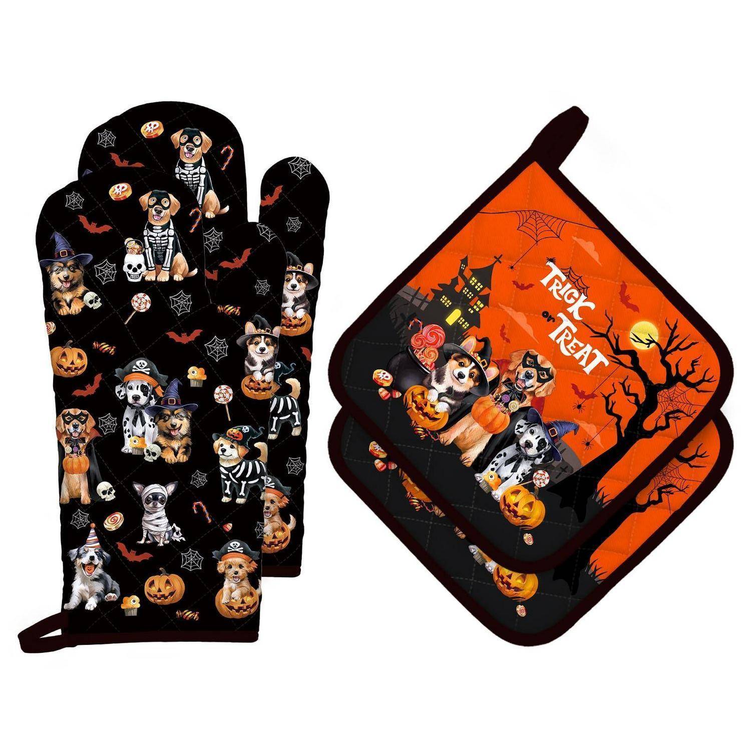 Ofenhandschuh & Topflappen Set 4tlg. Baumwolle Halloween Hund Motiv