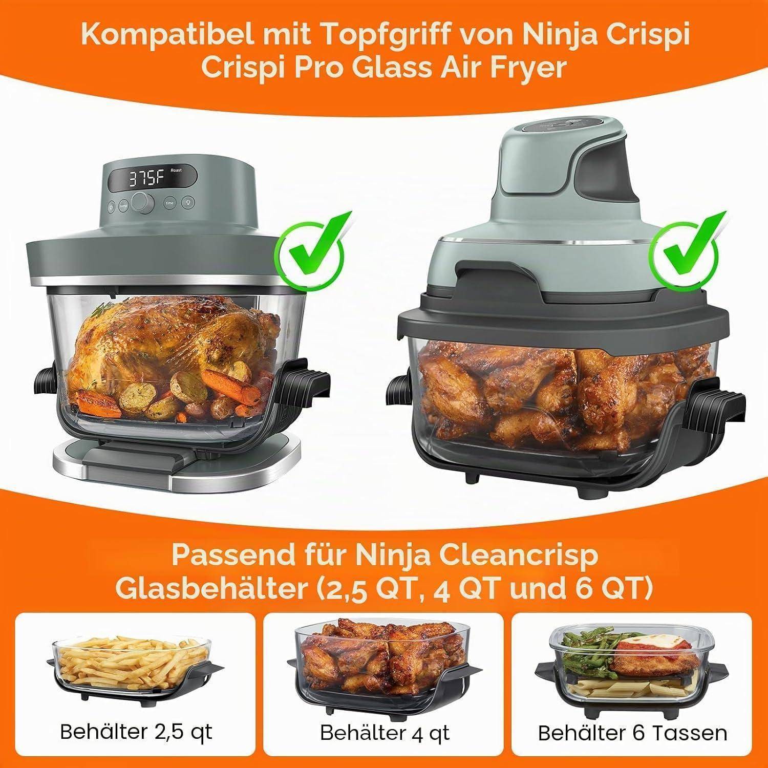 Silikon Topfgriff-Abdeckungen für Ninja Crispi Glas-Heißluftfritteusen 2,4-5,7L Schwarz