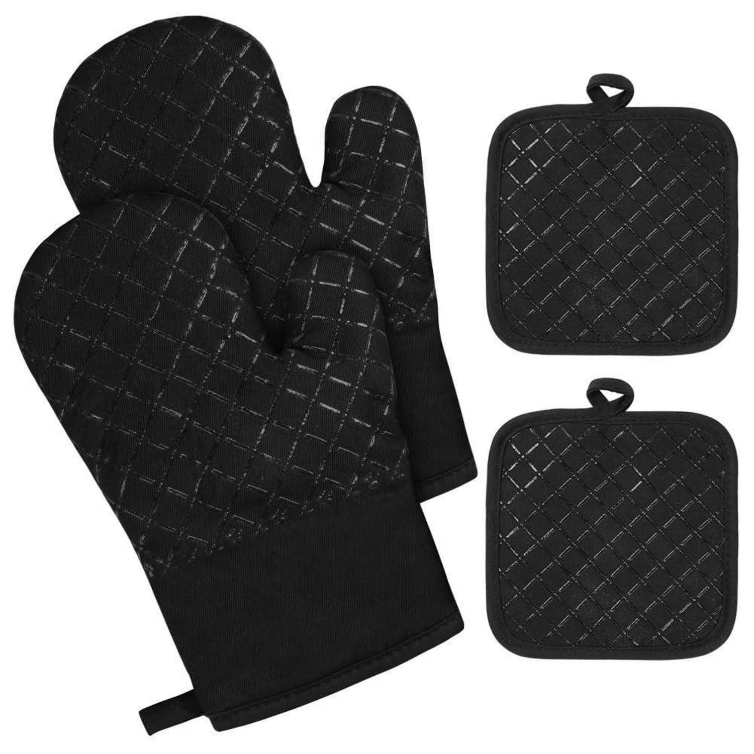 Ofenhandschuhe 230°C hitzebeständig mit 2 Topflappen, Silikonstreifen, Schwarz