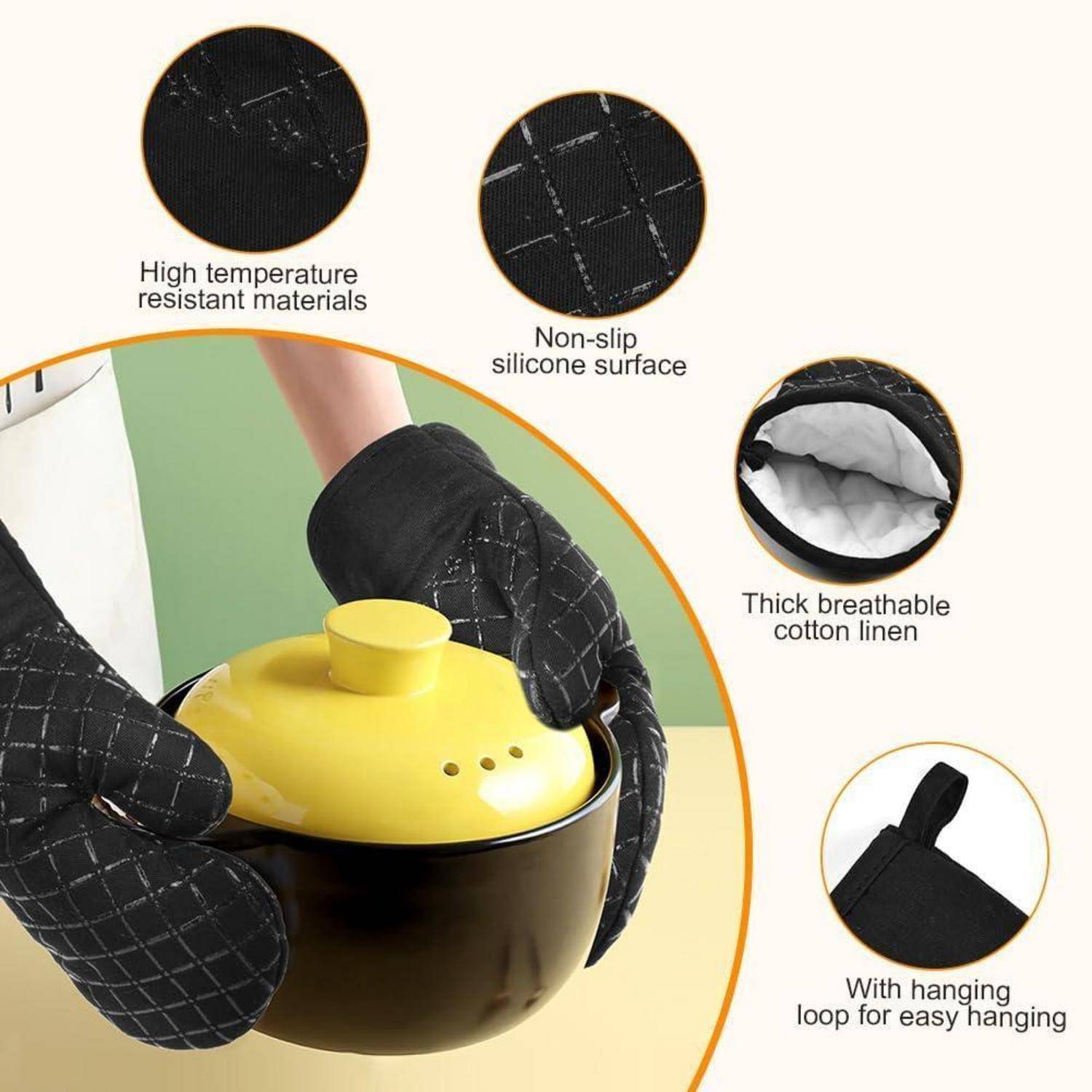 Ofenhandschuhe 230°C hitzebeständig mit 2 Topflappen, Silikonstreifen, Schwarz