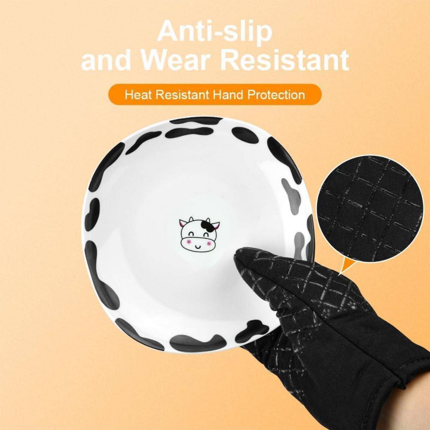 Ofenhandschuhe 230°C hitzebeständig mit 2 Topflappen, Silikonstreifen, Schwarz
