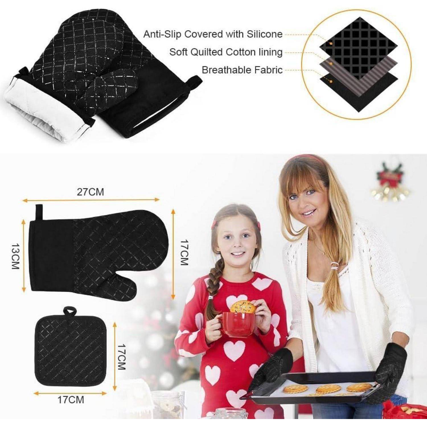 Ofenhandschuhe 230°C hitzebeständig mit 2 Topflappen, Silikonstreifen, Schwarz