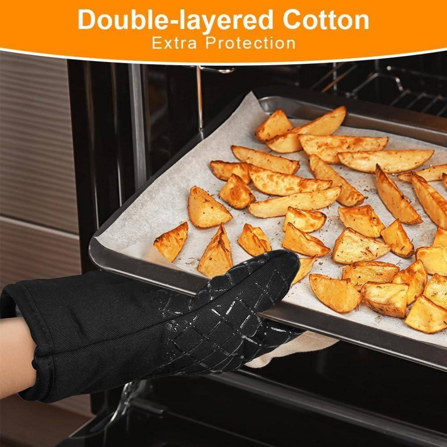 Ofenhandschuhe 230°C hitzebeständig mit 2 Topflappen, Silikonstreifen, Schwarz