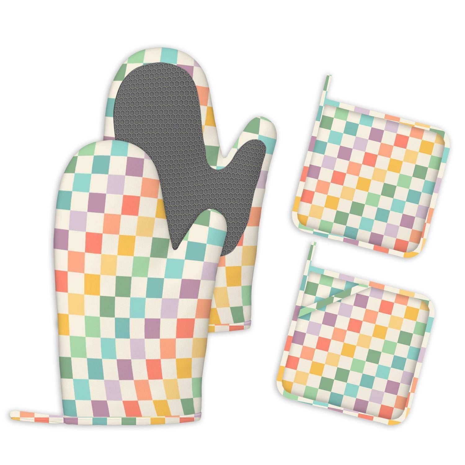 Ofenhandschuh-Set 4-teilig Karomuster hitzebeständig Silikon rutschfest