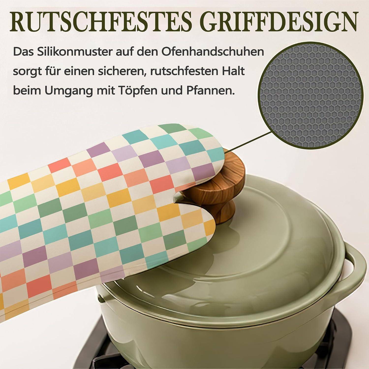Ofenhandschuh-Set 4-teilig Karomuster hitzebeständig Silikon rutschfest