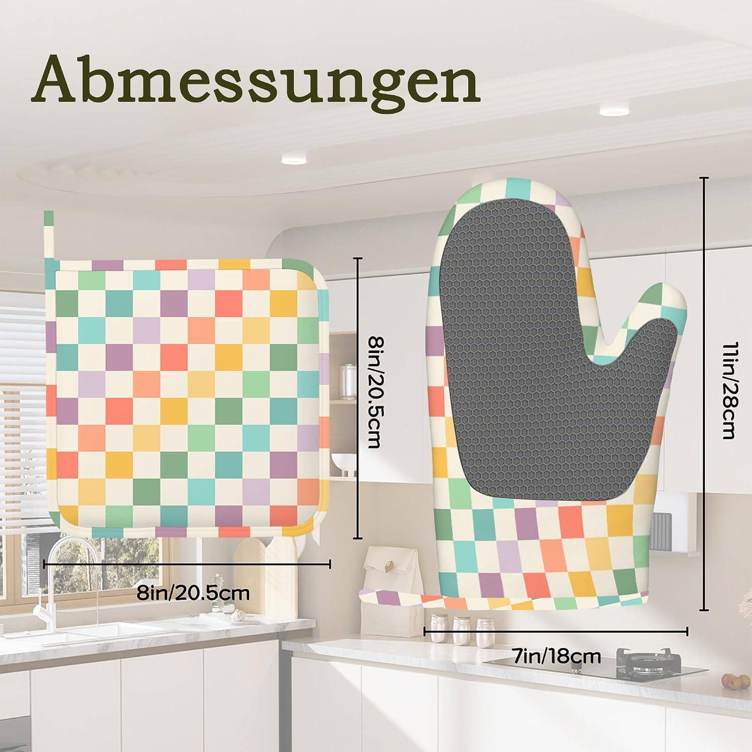Ofenhandschuh-Set 4-teilig Karomuster hitzebeständig Silikon rutschfest