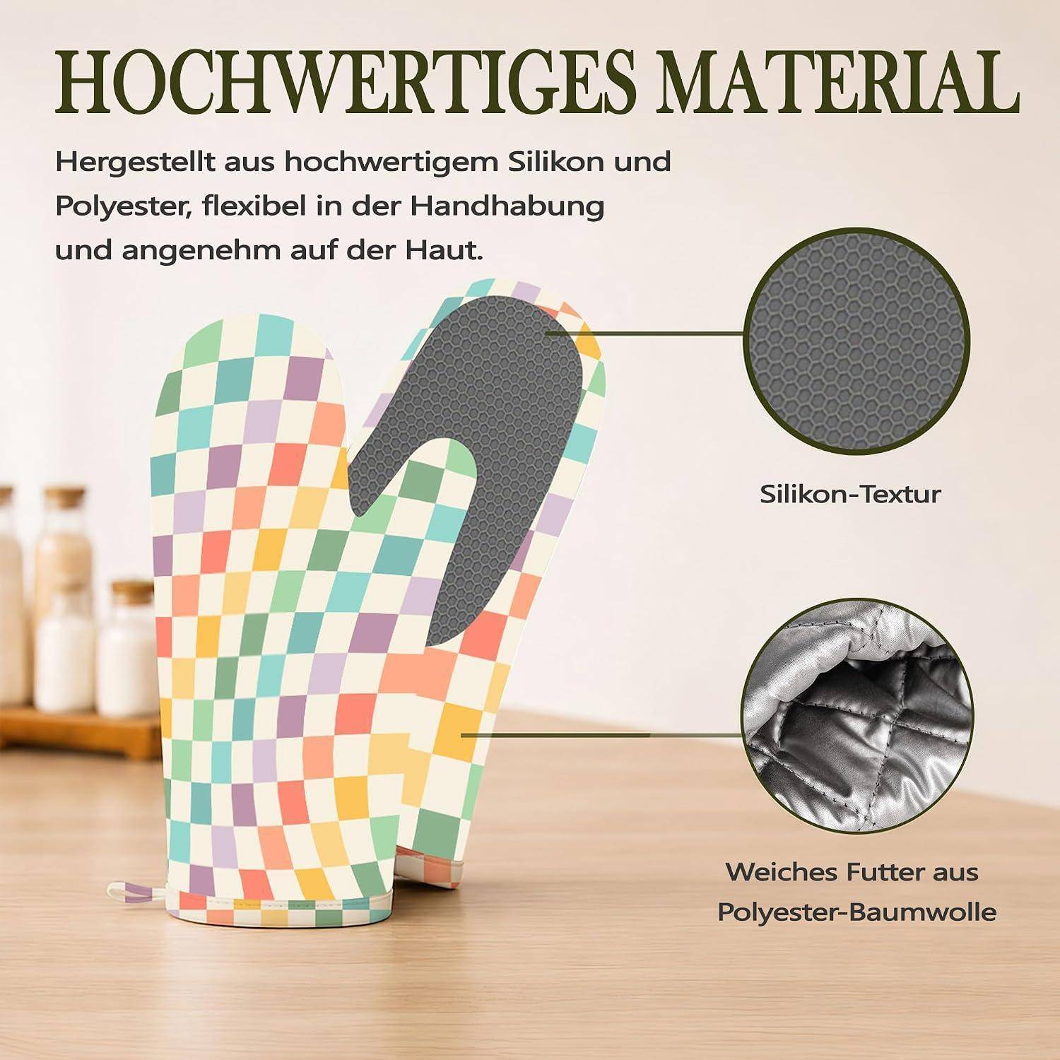 Ofenhandschuh-Set 4-teilig Karomuster hitzebeständig Silikon rutschfest