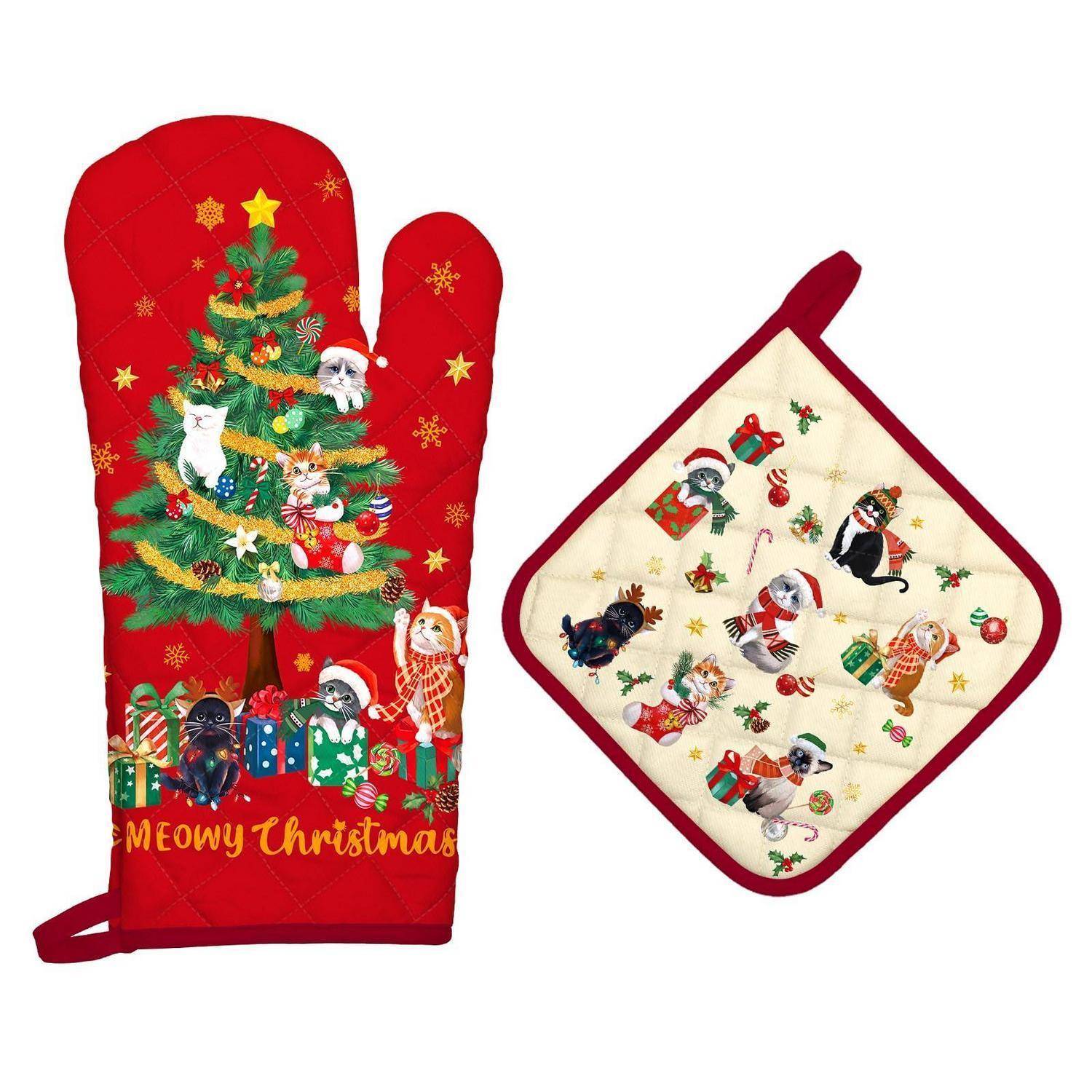 Ofenhandschuh und Topflappen 2er-Set Baumwolle Weihnachten Katze