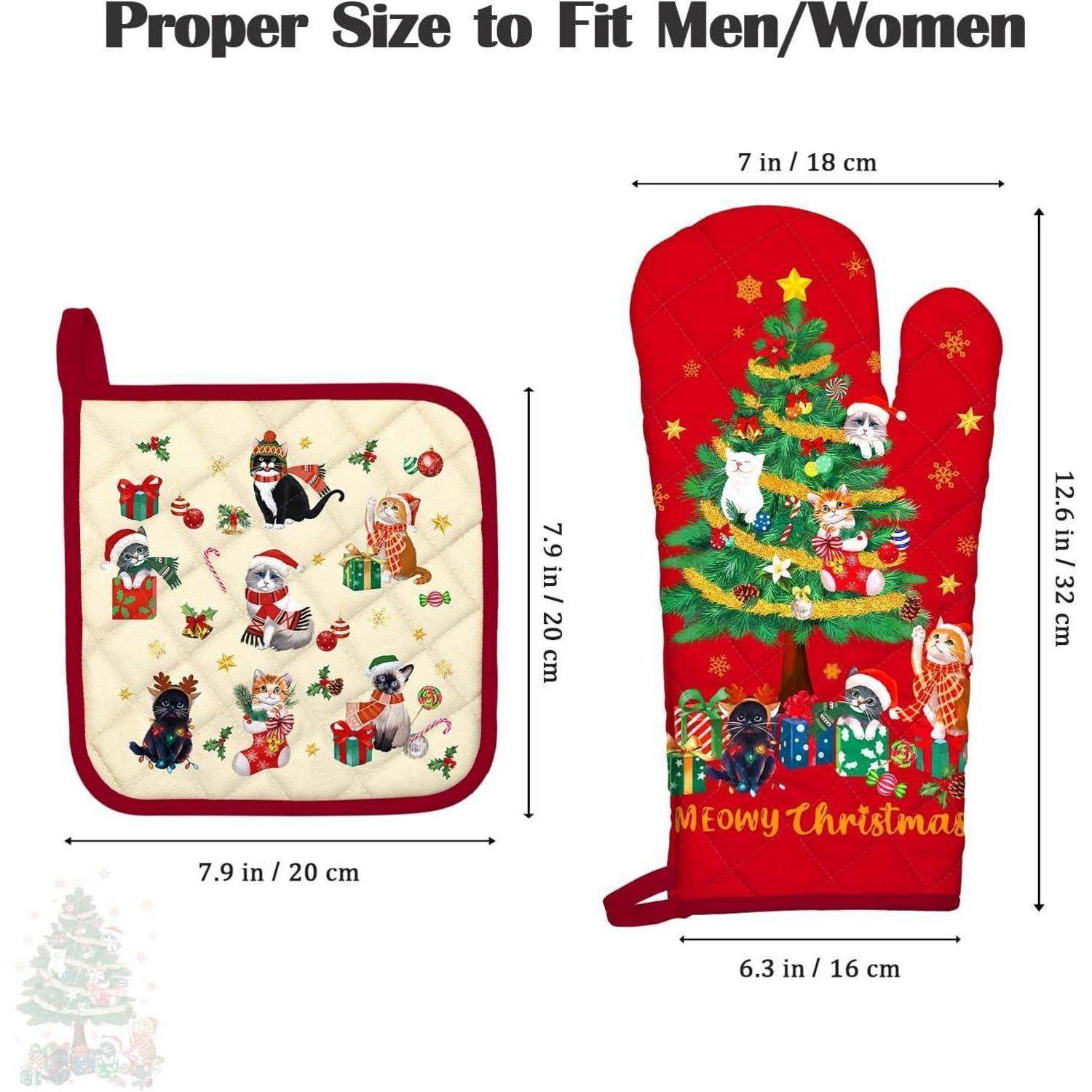Ofenhandschuh und Topflappen 2er-Set Baumwolle Weihnachten Katze
