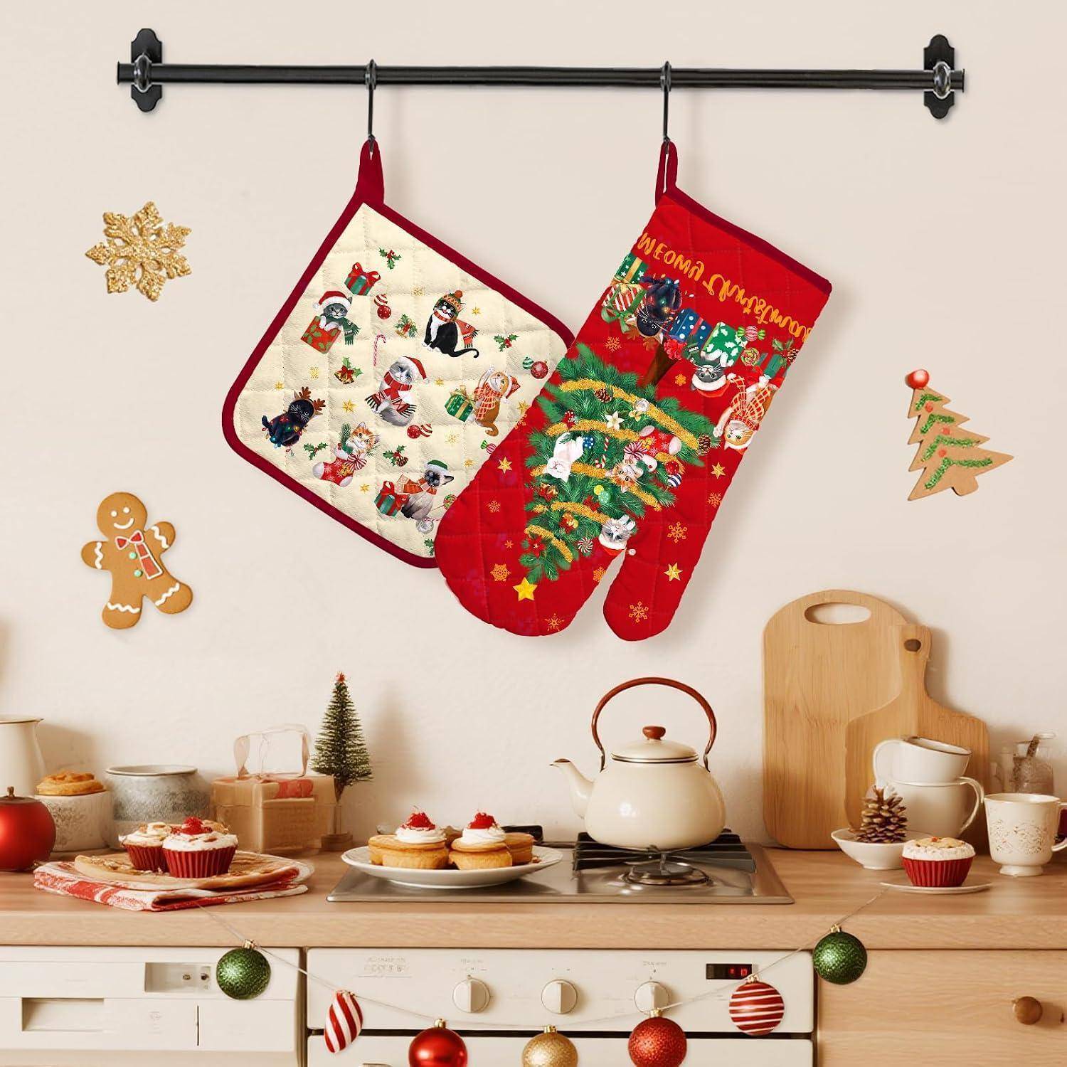 Ofenhandschuh und Topflappen 2er-Set Baumwolle Weihnachten Katze