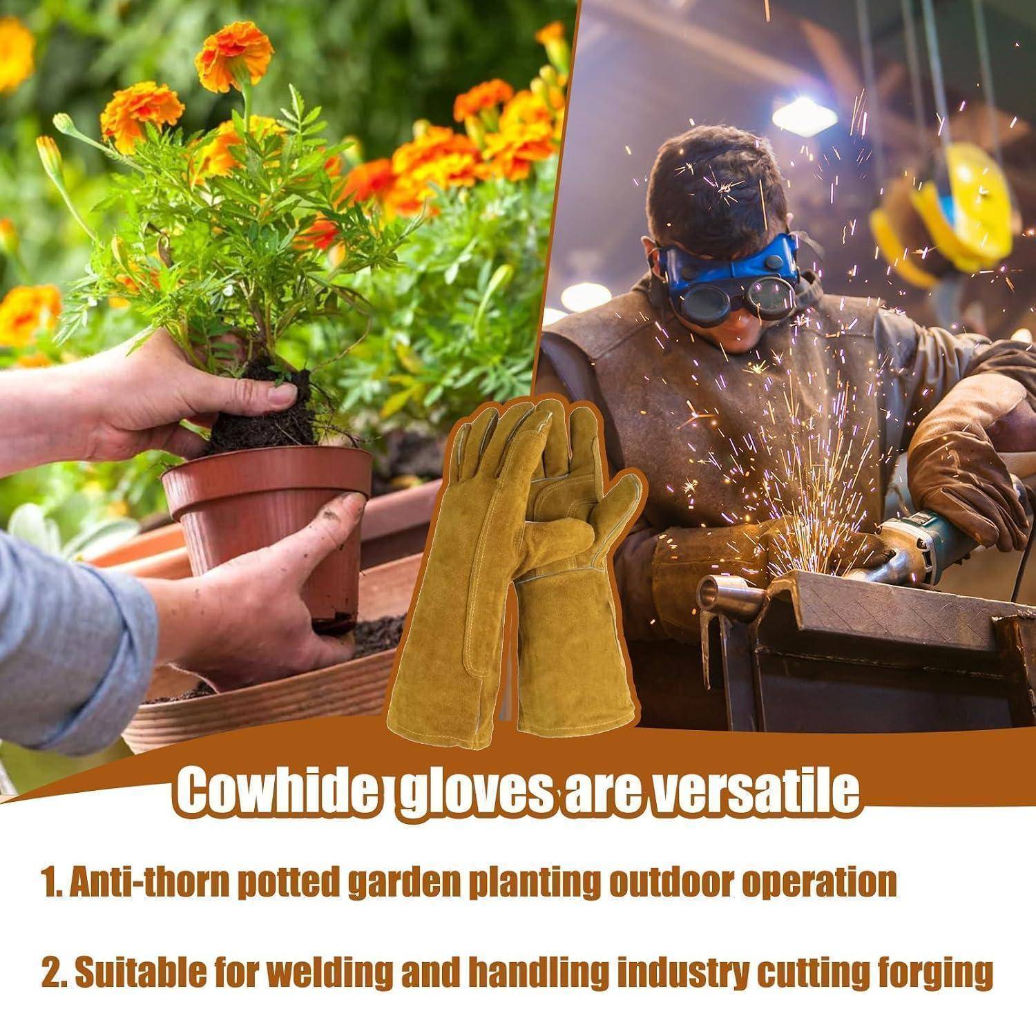 Rindslederhandschuhe, die als vielseitig für Gartenarbeit und Schweißen gezeigt werden; Handhabung von Topfpflanzen auf der linken Seite und ein Arbeiter, der Handschuhe während der Metallbearbeitung auf der rechten Seite trägt.
