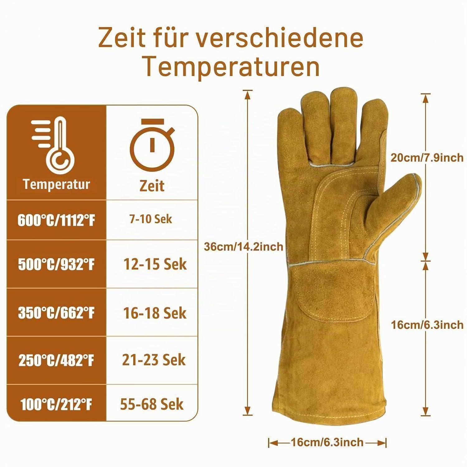 Grillhandschuhe 1 Paar Rindsleder hitzebeständig bis 600°C mit Unterarmschutz