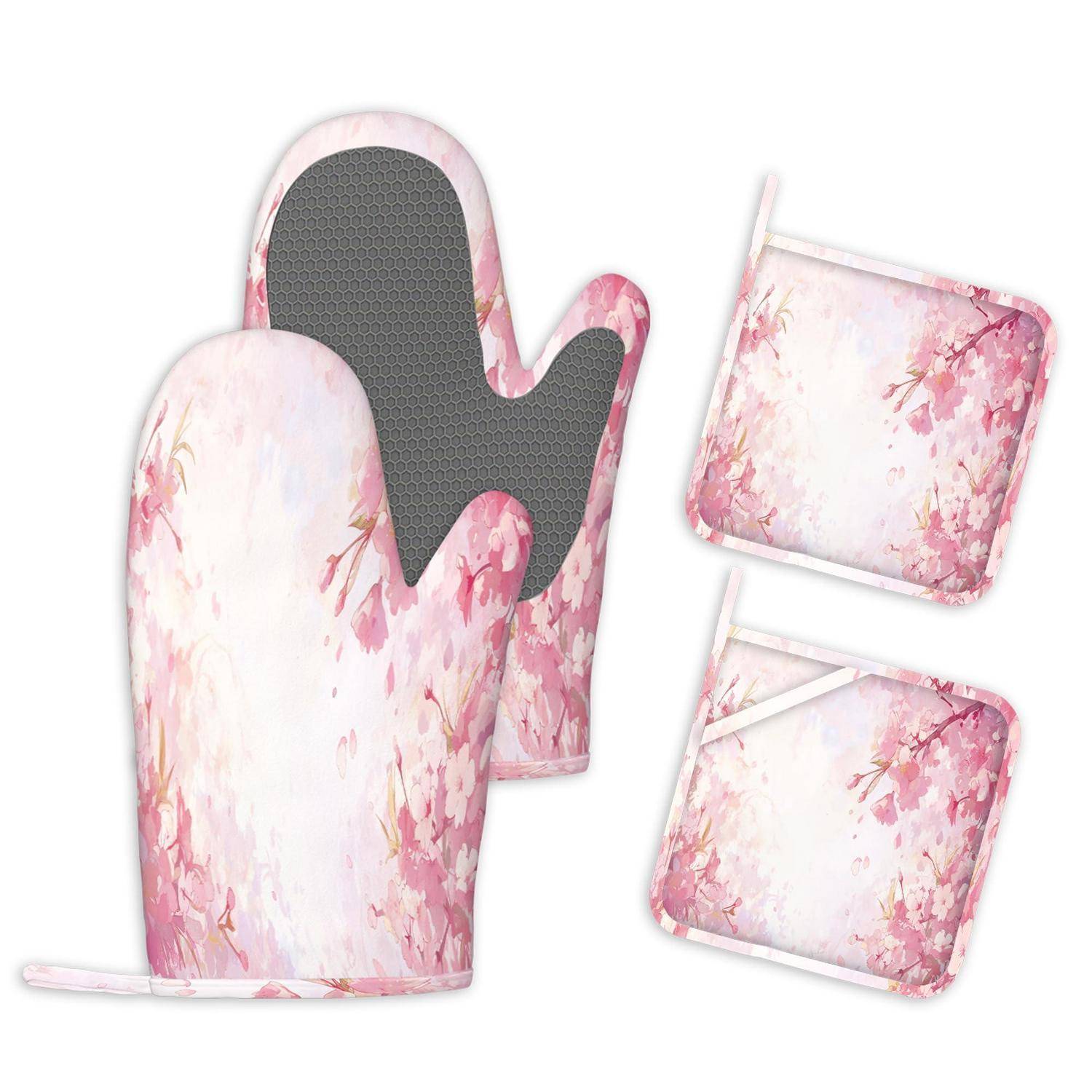 Ofenhandschuh-Set 4-teilig hitzebeständig Silikon rutschfest Rosa Blumen