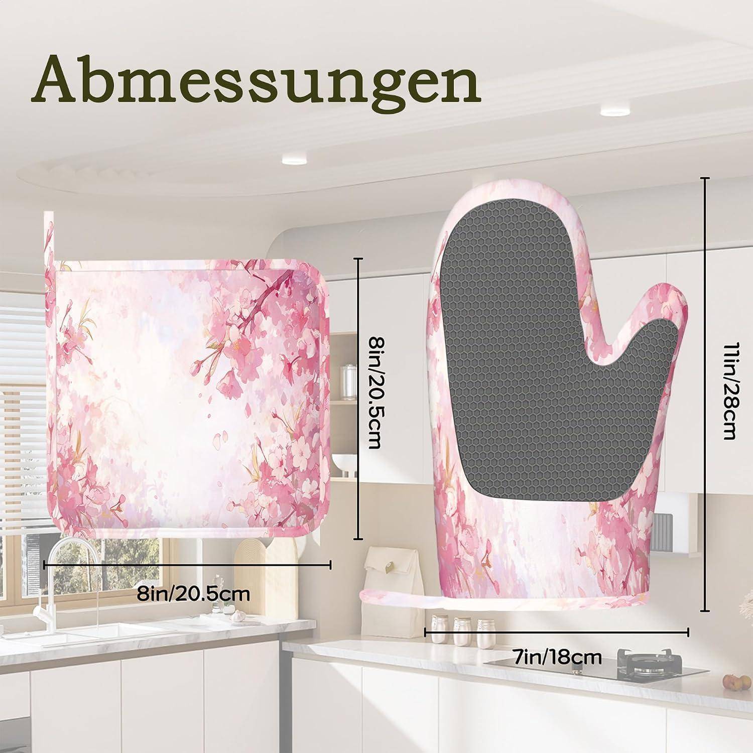 Ofenhandschuh-Set 4-teilig hitzebeständig Silikon rutschfest Rosa Blumen