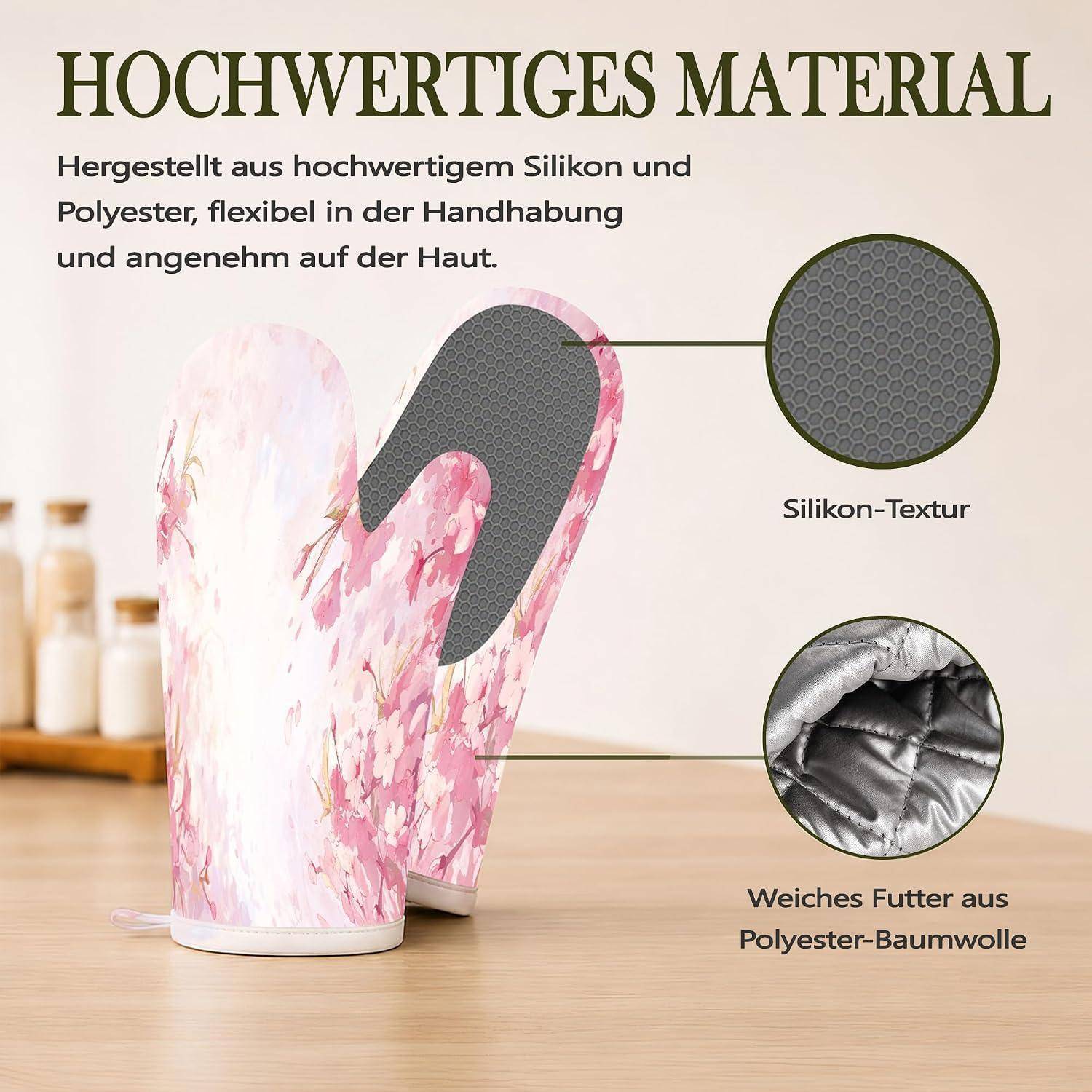 Ofenhandschuh-Set 4-teilig hitzebeständig Silikon rutschfest Rosa Blumen