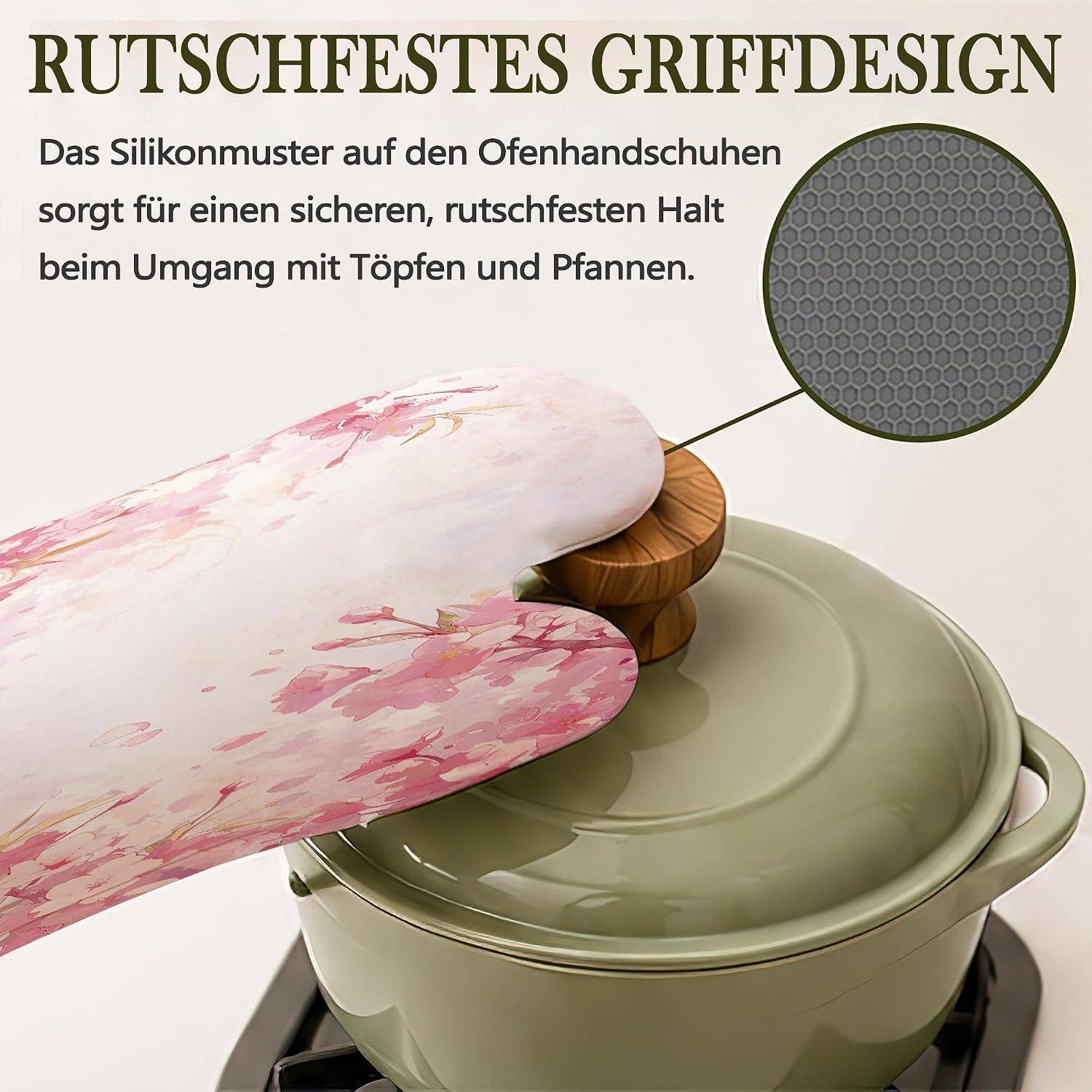 Ofenhandschuh-Set 4-teilig hitzebeständig Silikon rutschfest Rosa Blumen