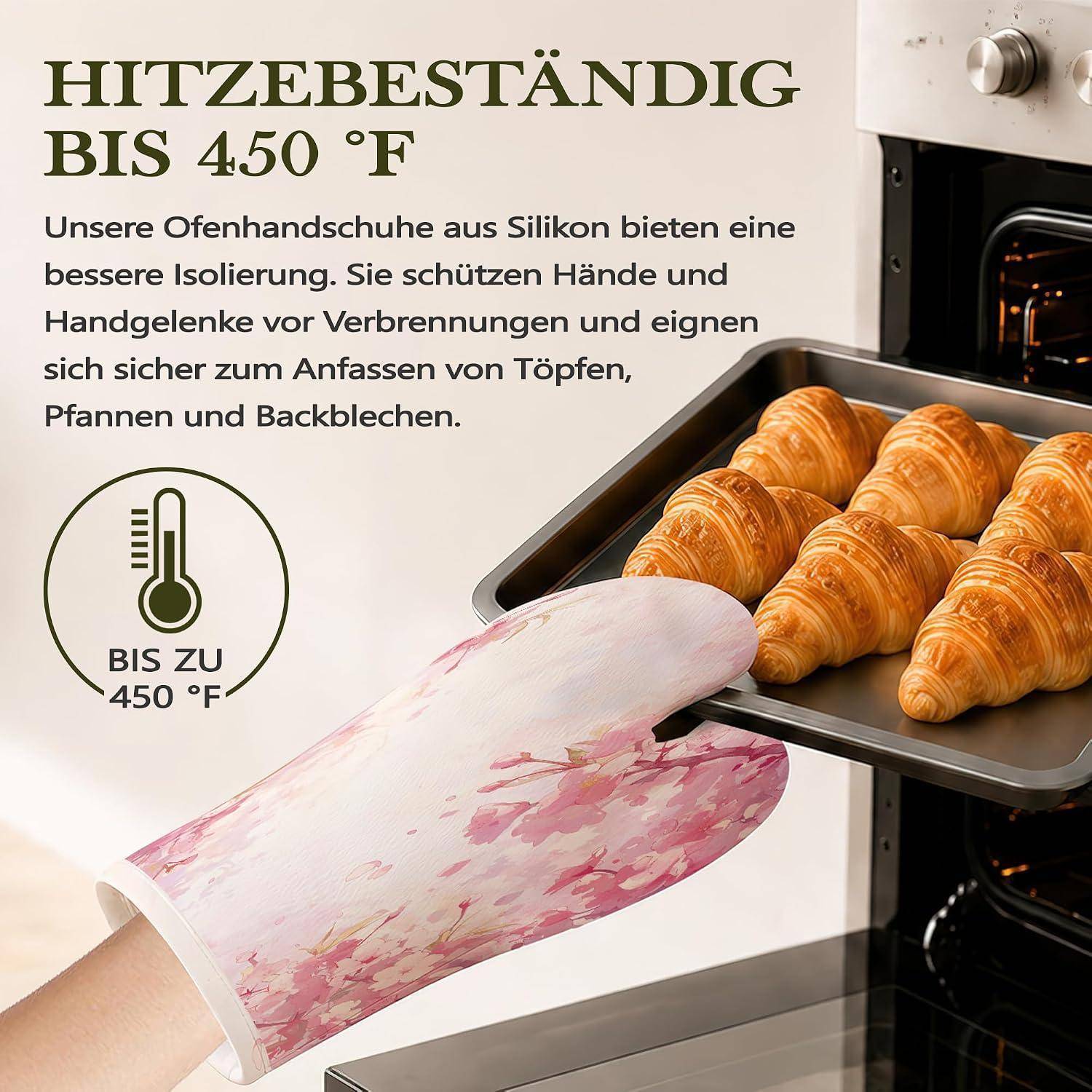 Ofenhandschuh-Set 4-teilig hitzebeständig Silikon rutschfest Rosa Blumen