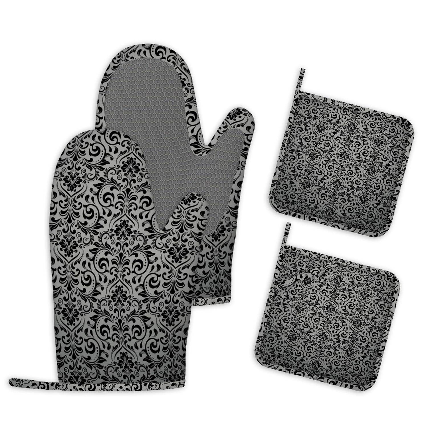 Set 4x Ofenhandschuhe Topflappen Schwarz Damast Hitzebeständig Silikon Rutschfest