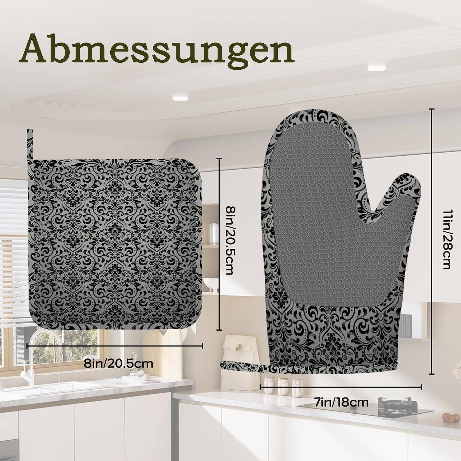 Set 4x Ofenhandschuhe Topflappen Schwarz Damast Hitzebeständig Silikon Rutschfest