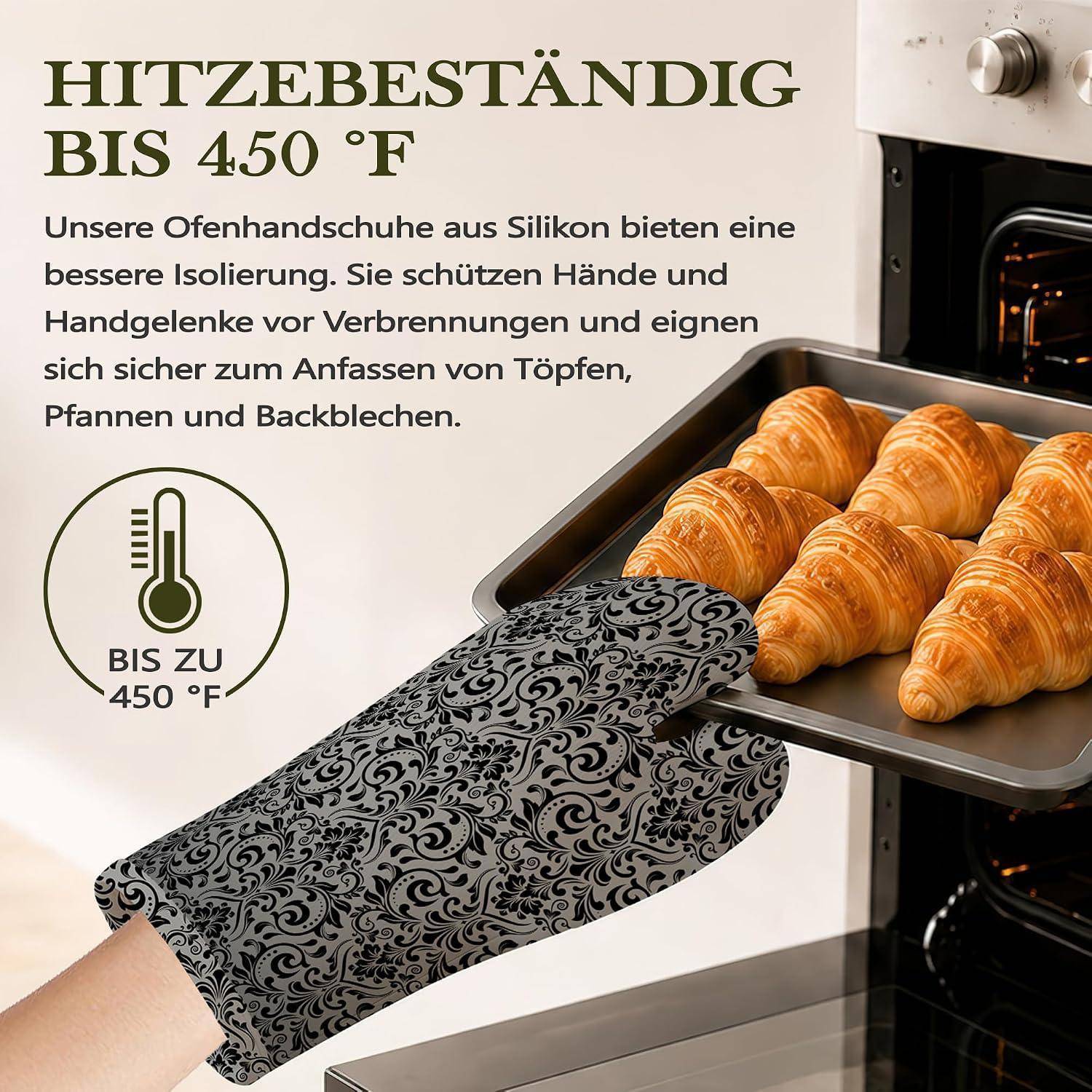 Set 4x Ofenhandschuhe Topflappen Schwarz Damast Hitzebeständig Silikon Rutschfest