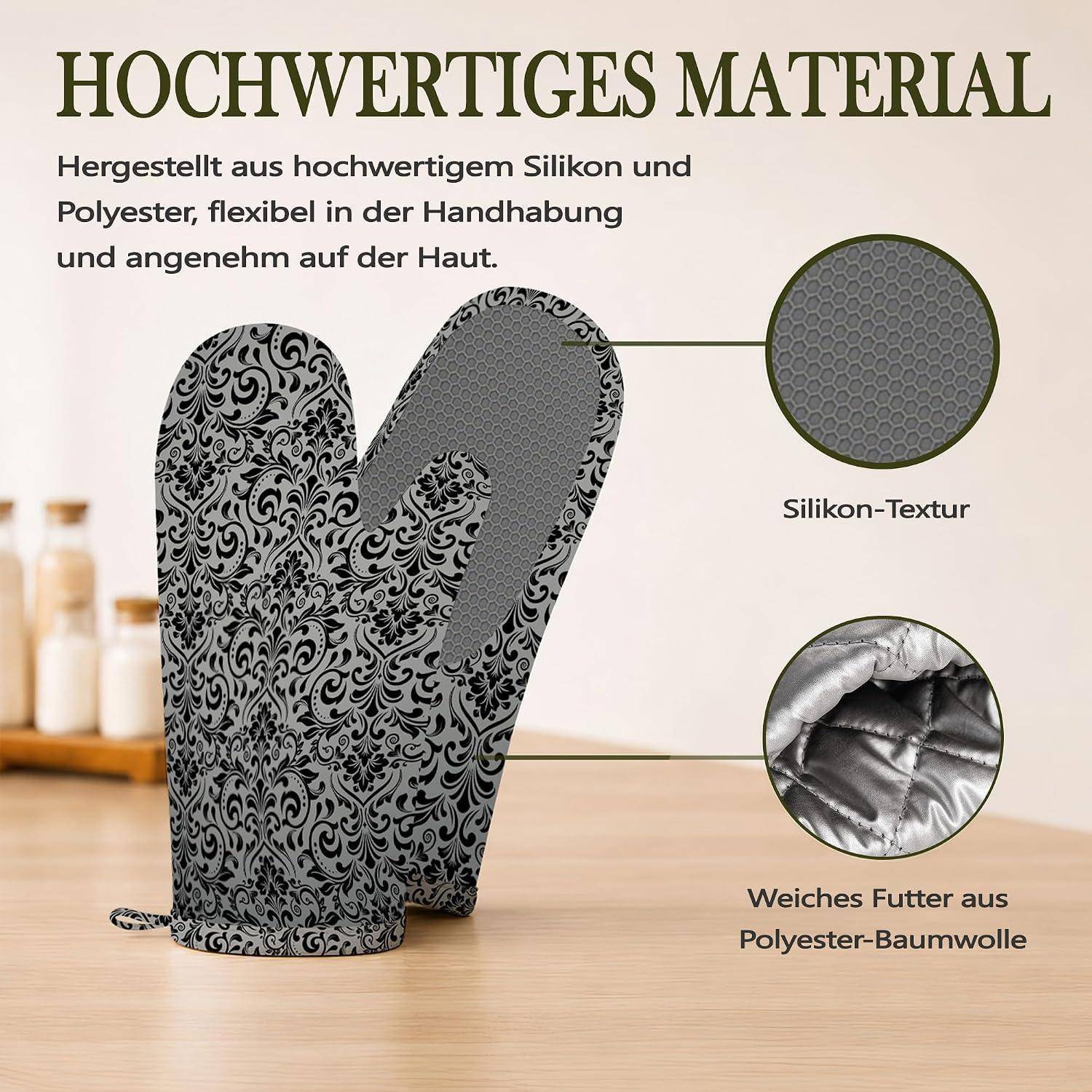 Set 4x Ofenhandschuhe Topflappen Schwarz Damast Hitzebeständig Silikon Rutschfest