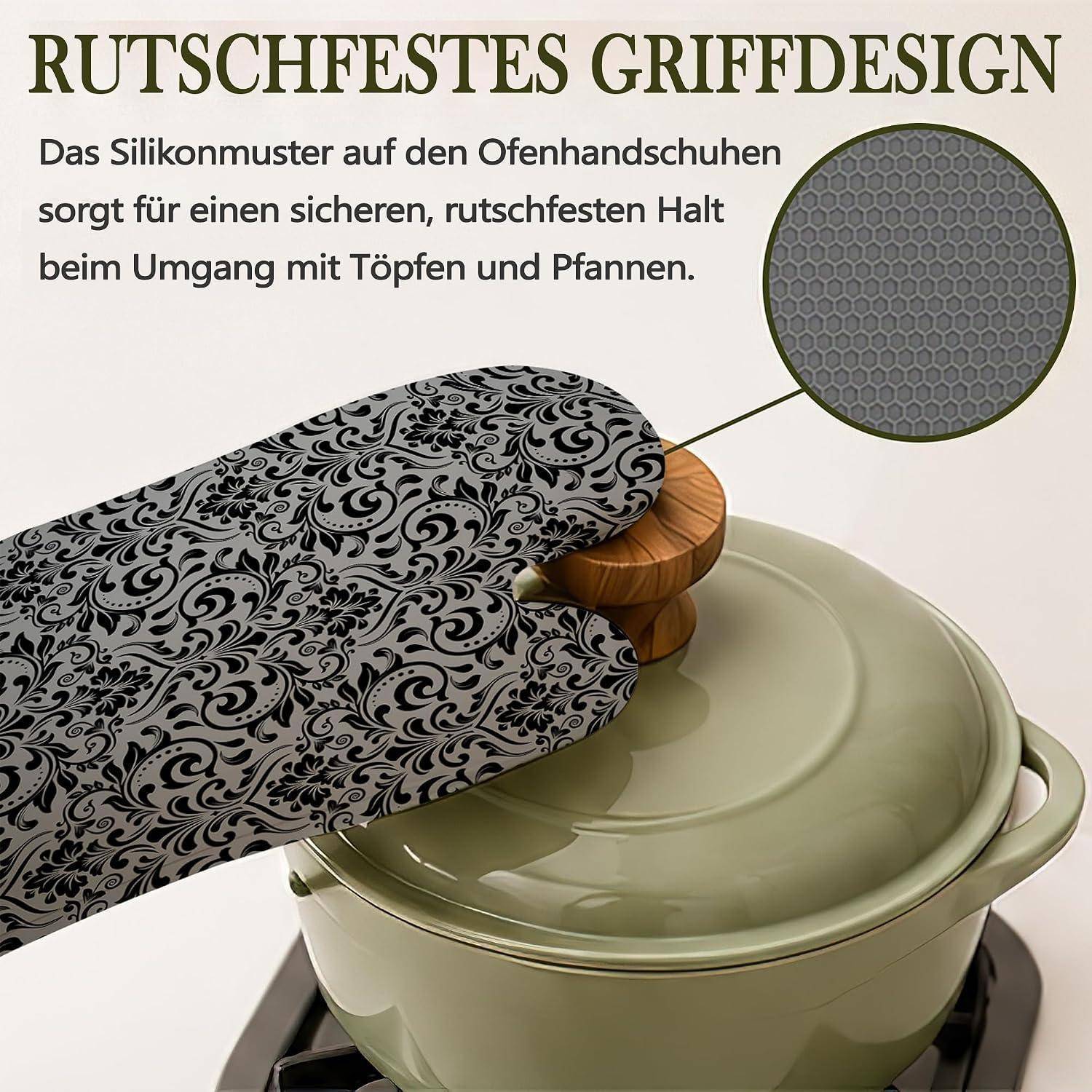 Set 4x Ofenhandschuhe Topflappen Schwarz Damast Hitzebeständig Silikon Rutschfest