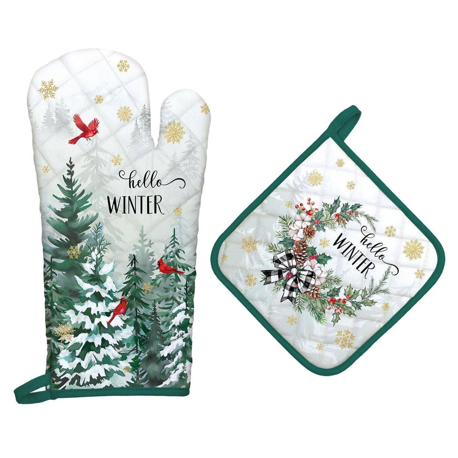 Ofenhandschuh und Topflappen 2er-Set Baumwolle | Weihnachten Wald Motiv | Hitzebeständig