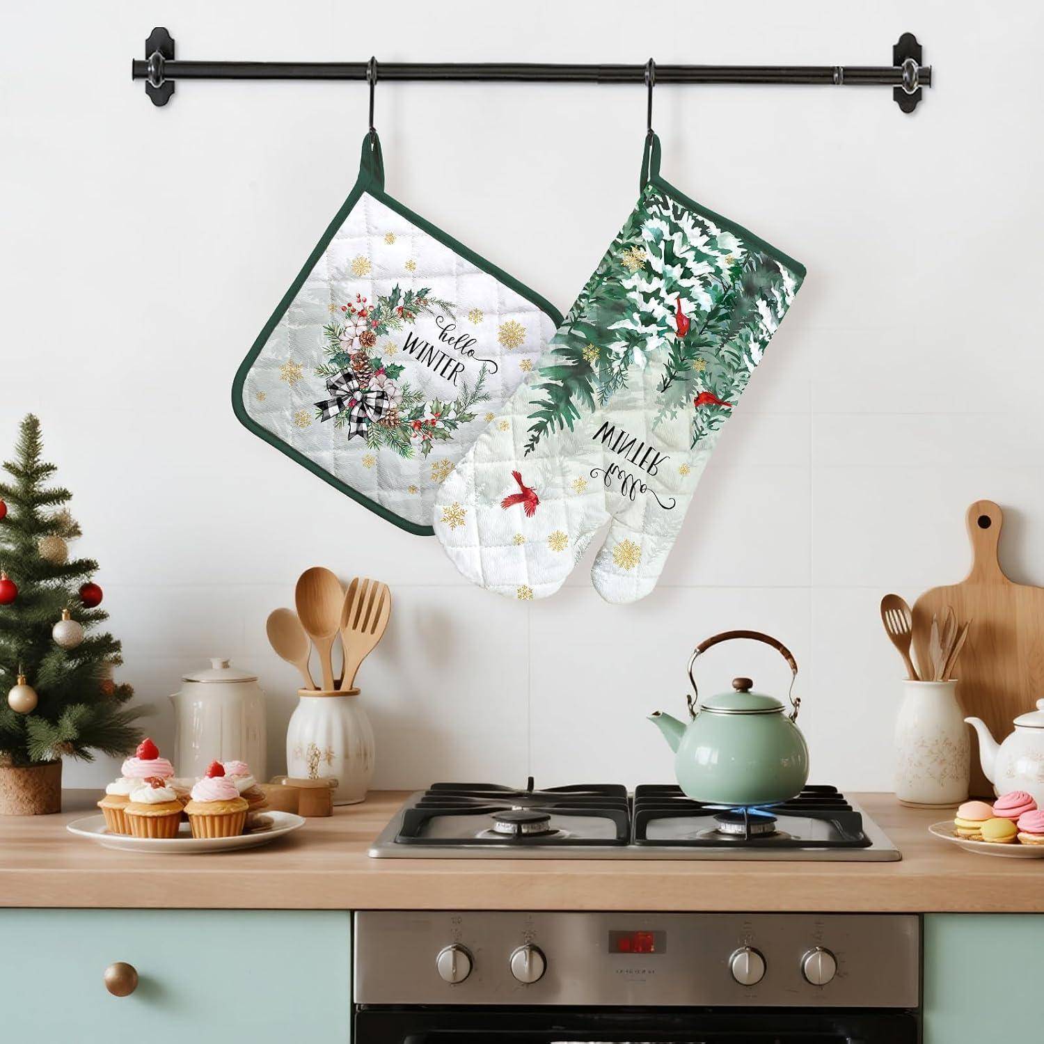 Ofenhandschuh und Topflappen 2er-Set Baumwolle | Weihnachten Wald Motiv | Hitzebeständig