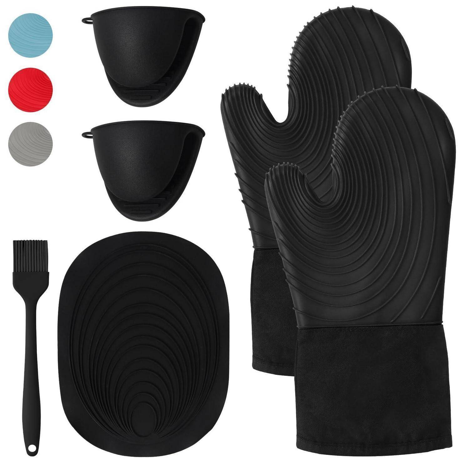 Ofenhandschuhe Silikon Hitzebeständig 250°C Schwarz | Set mit Pinsel und Matte