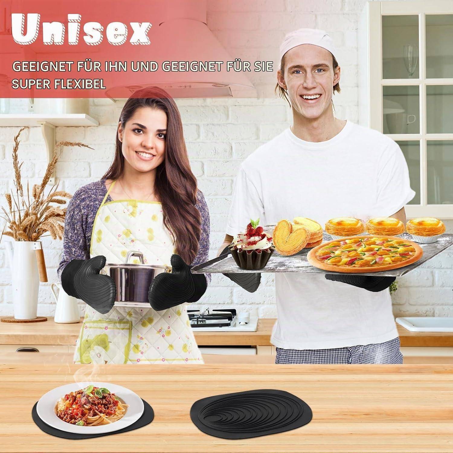 Ofenhandschuhe Silikon Hitzebeständig 250°C Schwarz | Set mit Pinsel und Matte