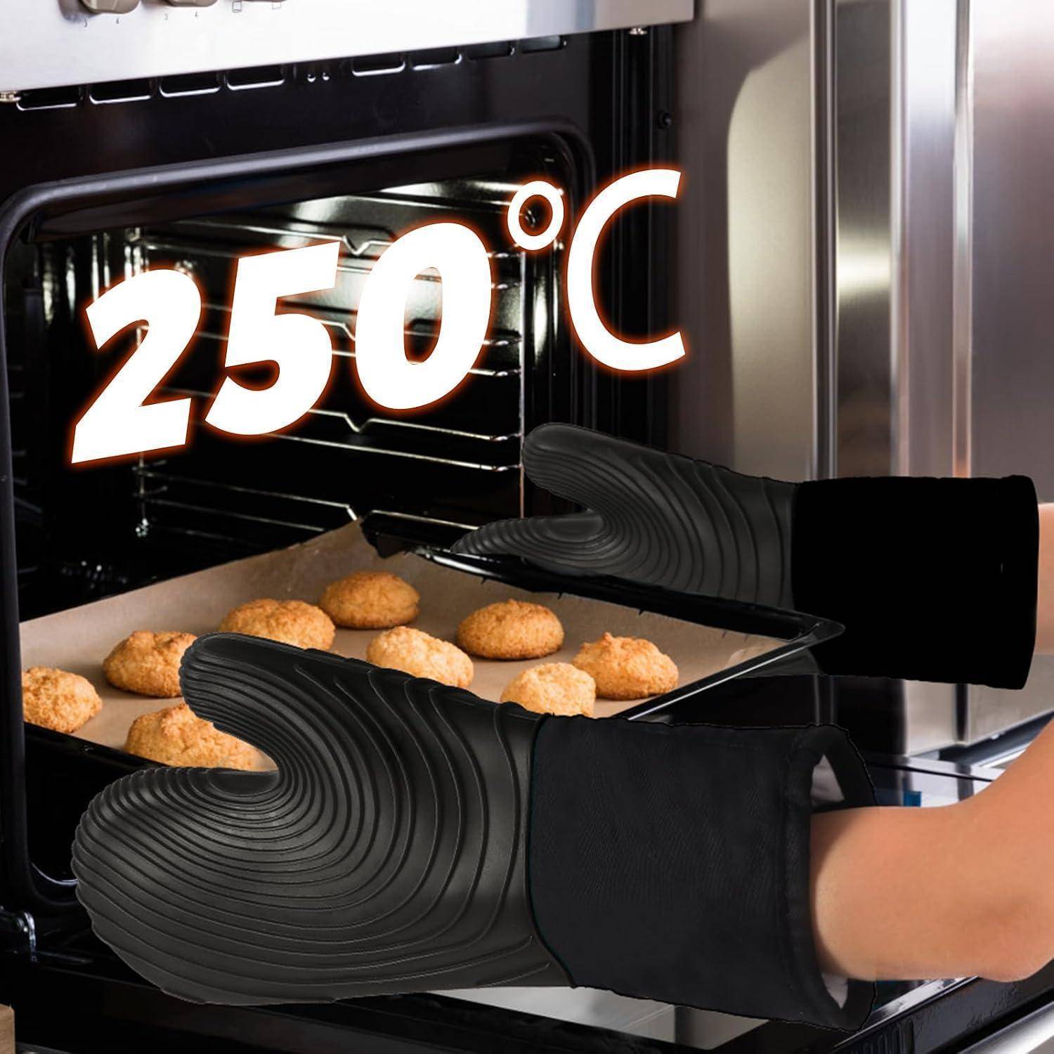 Ofenhandschuhe Silikon Hitzebeständig 250°C Schwarz | Set mit Pinsel und Matte